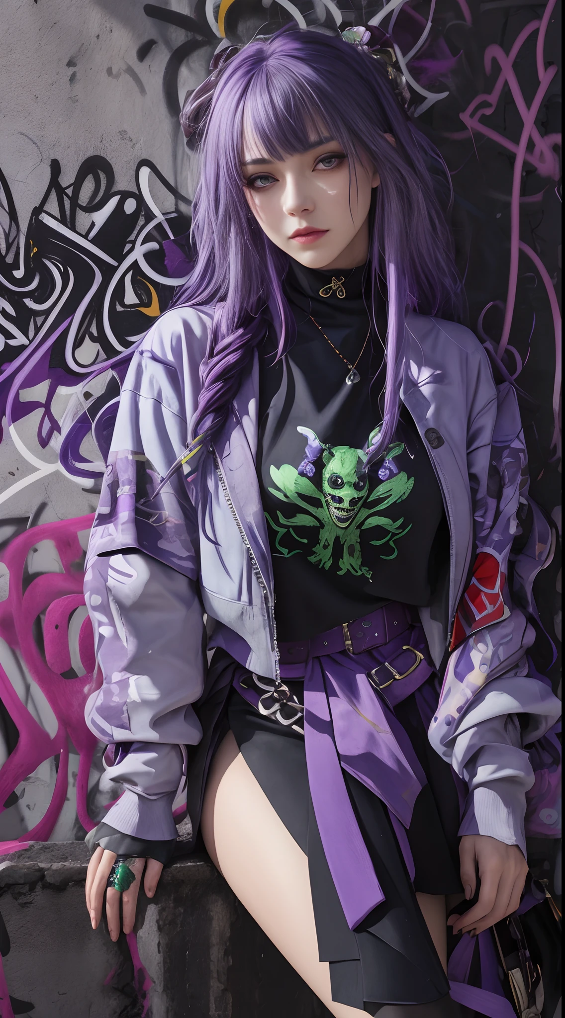 (masterpiece, best quality, 1girl, solo, intricate details, chromatic aberration), realistic, ((medium breath)),long hair, purple hair, purple head ornament, purple highlights, hair over one eye, green eyes, sharp eyes, choker, neon shirt, torn legwear, open jacket, turtleneck sweater, against wall, brick wall, graffiti, dim lighting, alley ,look at viewer,