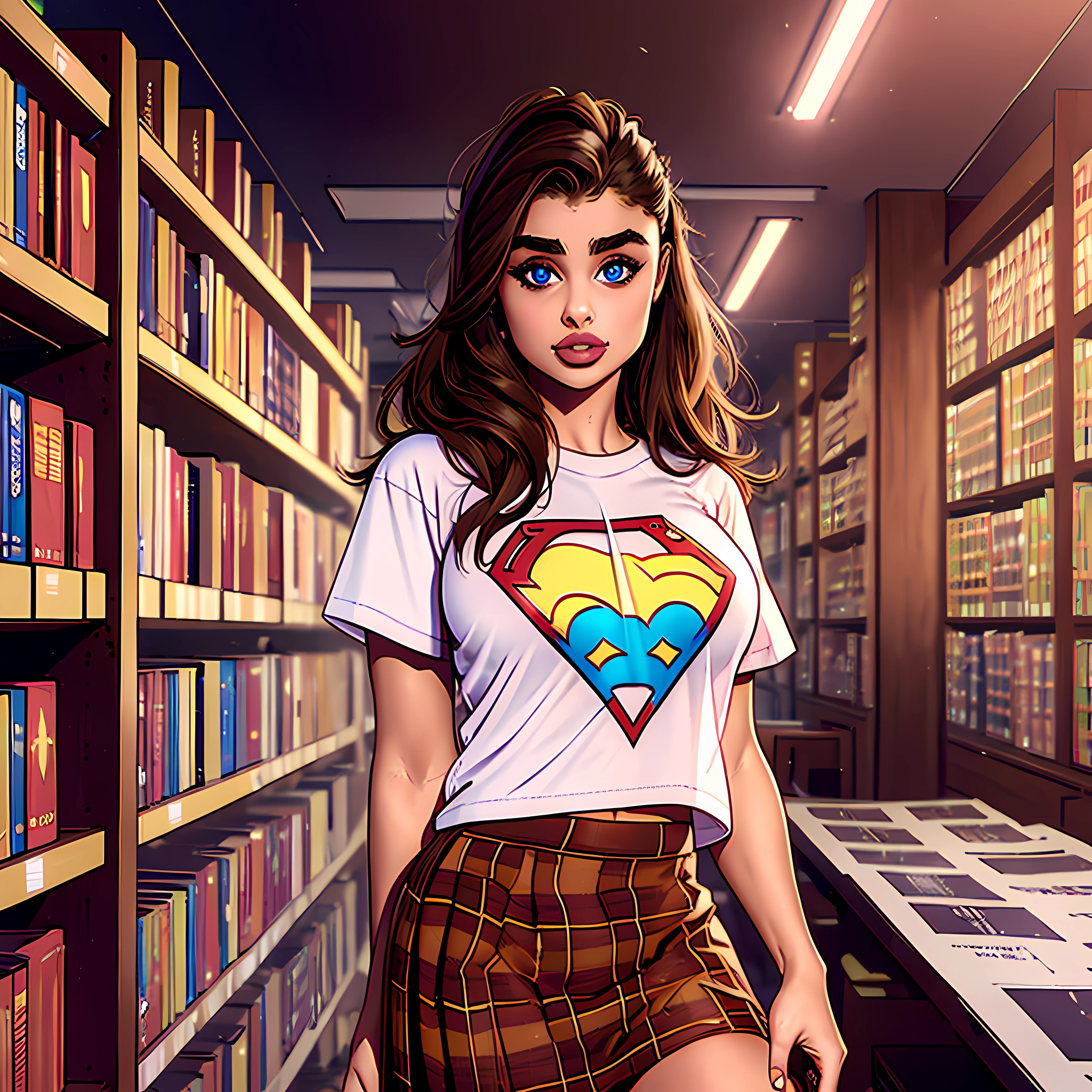 cartoon style:1.2), woman, Krista Allen, draw ART Artline, background a library with bookshelves, spanish woman, woman cartoon, sexy clothes , fearless and super brave girl , cartoon style illustration, cartoon art style, cartoon art style, digital illustration style, very detailed character design, cute detailed digital art, City fan art, portrait character design, linda digital illustration, High quality portrait, comic art, character design portrait, library background. Busty without clothes and very big breasts, perky tits, perfect butt, perfect booty, Cartoon style female character dressed as sexy schoolgirl, Catholic high school student, Beautiful character pose in erotic pose, wearing glasses, schoolgirl uniform, deep cleavage, very short tartan pleated skirt, white thong, long stockings, beautiful breasts, well defined body, slender slim thin body, delicate and sensual, pretty face, cute and gorgeous, perfect hands, perfect fingers, full lips, long hair dark redhead, cartoon style, rear view, upskirt, see booty, see butt, digital illustration, art style by J. Scott Campbell