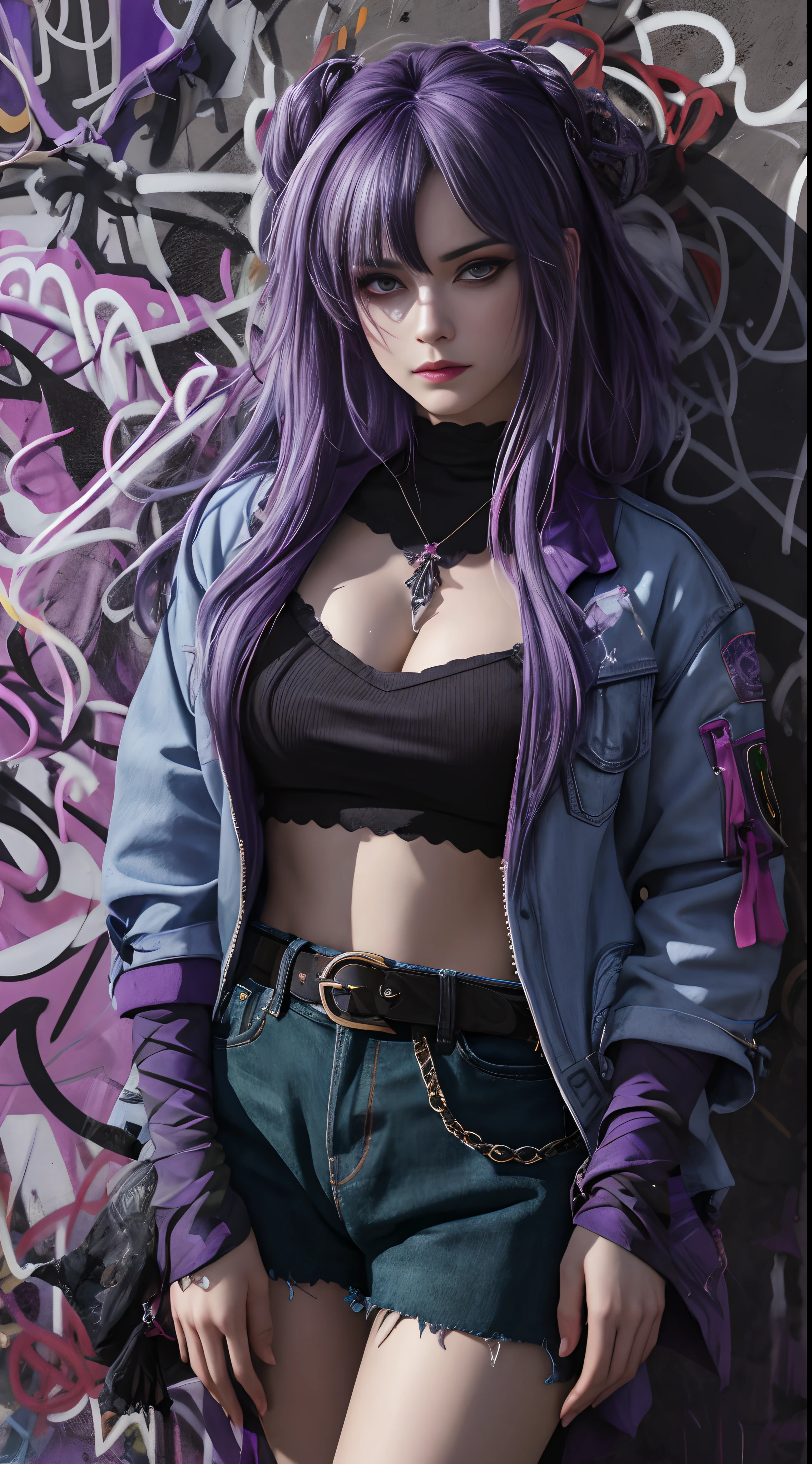 (masterpiece, best quality, 1girl, solo, intricate details, chromatic aberration), realistic, ((medium breath)),long hair, purple hair, purple head ornament, purple highlights, hair over one eye, green eyes, sharp eyes, choker, neon shirt, torn legwear, open jacket, turtleneck sweater, against wall, brick wall, graffiti, dim lighting, alley ,look at viewer,