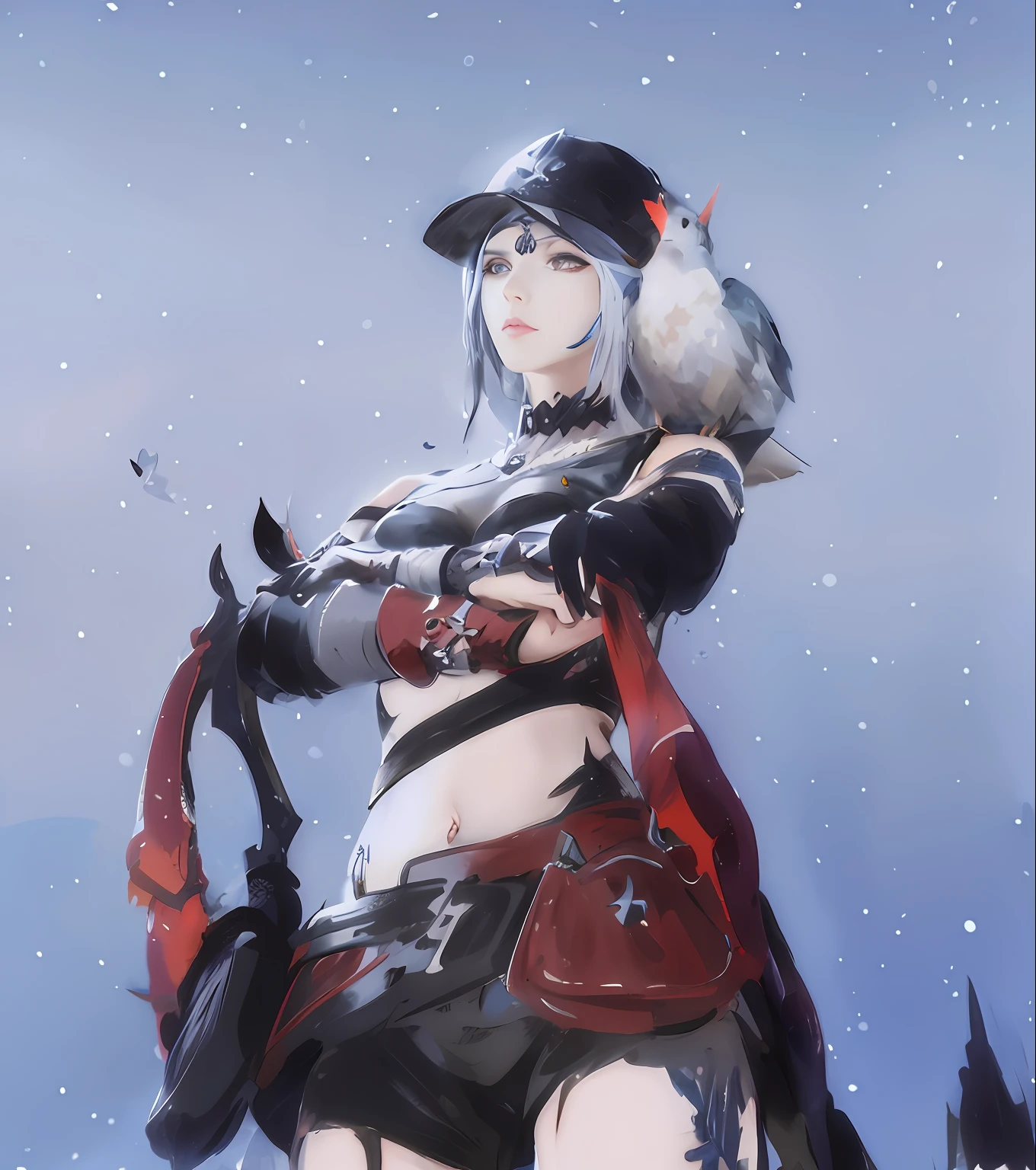 New characters in anime style，Red and black clothes and black cap，Moon themed dress up，FF14 style，Monster Hunter armor，Ark Night female character reference，2b and FF14 Sharp style fusion,There is a small bird on the shoulder