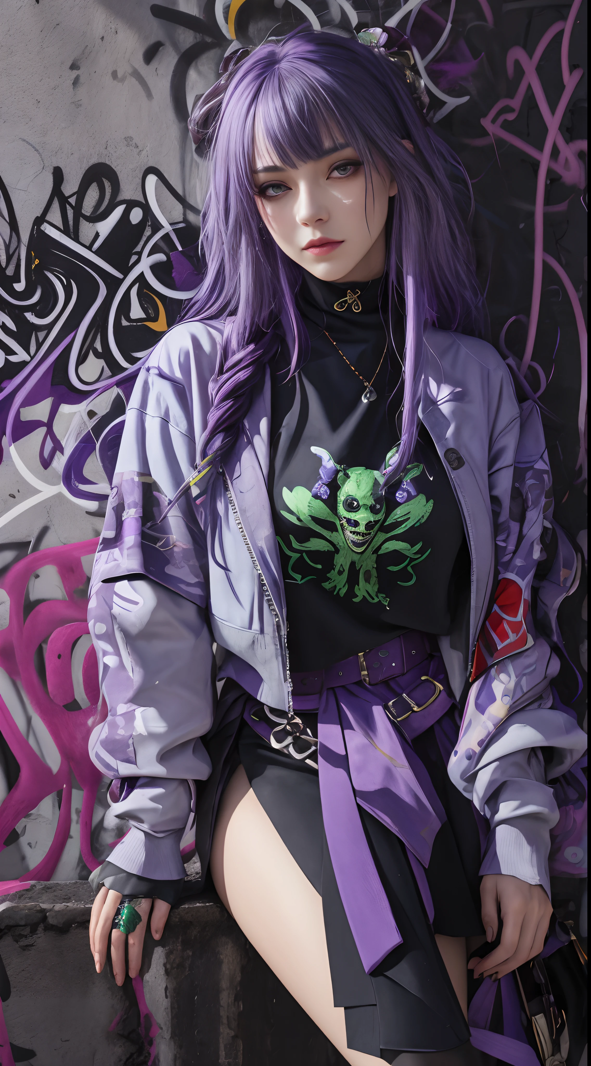 (masterpiece, best quality, 1girl, solo, intricate details, chromatic aberration), realistic, ((medium breath)),long hair, purple hair, purple head ornament, purple highlights, hair over one eye, green eyes, sharp eyes, choker, neon shirt, torn legwear, open jacket, turtleneck sweater, against wall, brick wall, graffiti, dim lighting, alley ,look at viewer,