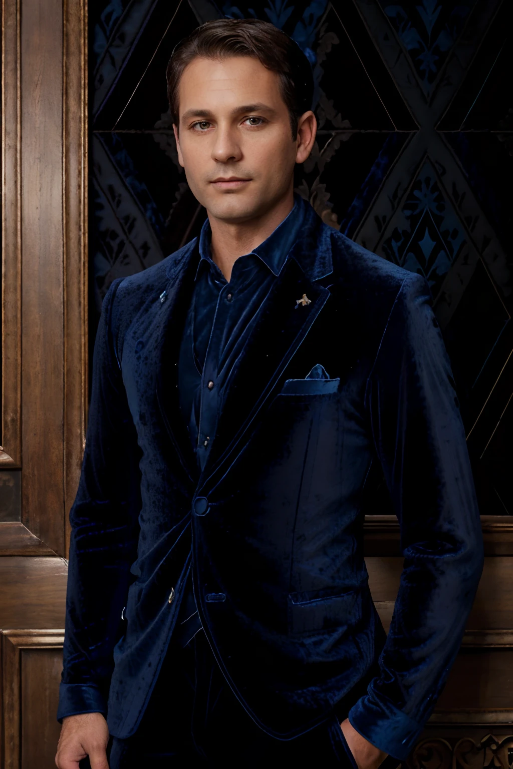 Portrait photo of a handsom man, (((45 years old))), short brown hair, (((bleu velvet suit:1.3))), ((black shirt:1.4)), (((no beard:1.3))), Dark blue backgroud.