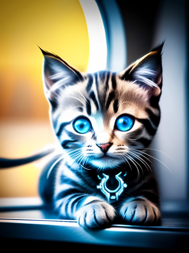 a cute kitten made of metal, (Cyborg:1.1), HDR with red eyes, focus