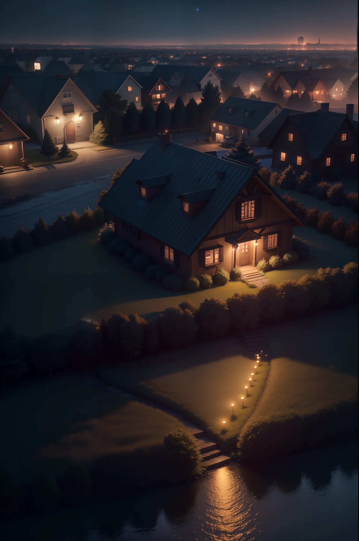 night landscape, volumetric lights, house, torches, 4k