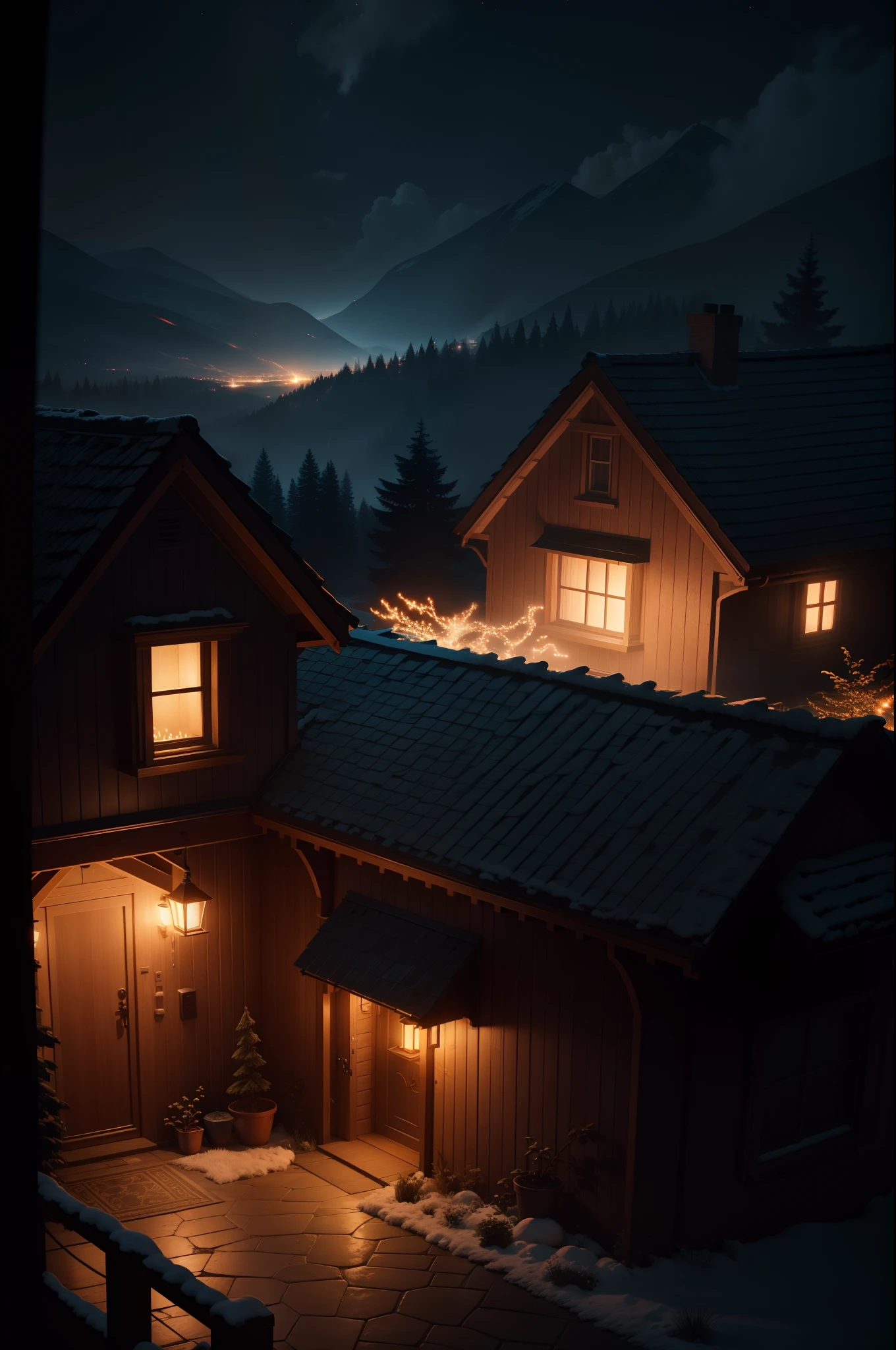 night landscape, volumetric lights, house, torches, 4k