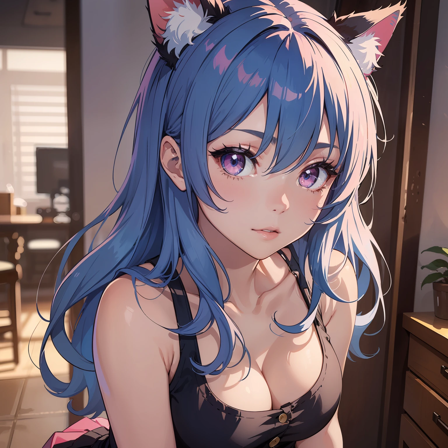 (finely detailed beautiful eyes and detailed face,masterpiece, extreme face close up shot, sidelighting,masterpiece,best quality,detailed,high resolution illustration), (1girl, solo, alone) close up of the face and chest, big chest
(1girl,whole body,bishoujo,lustrous skin,looking down,looking at viewer),
(sky blue hair,pink eyes,short skirt,cat ears,button tank top shirt)
