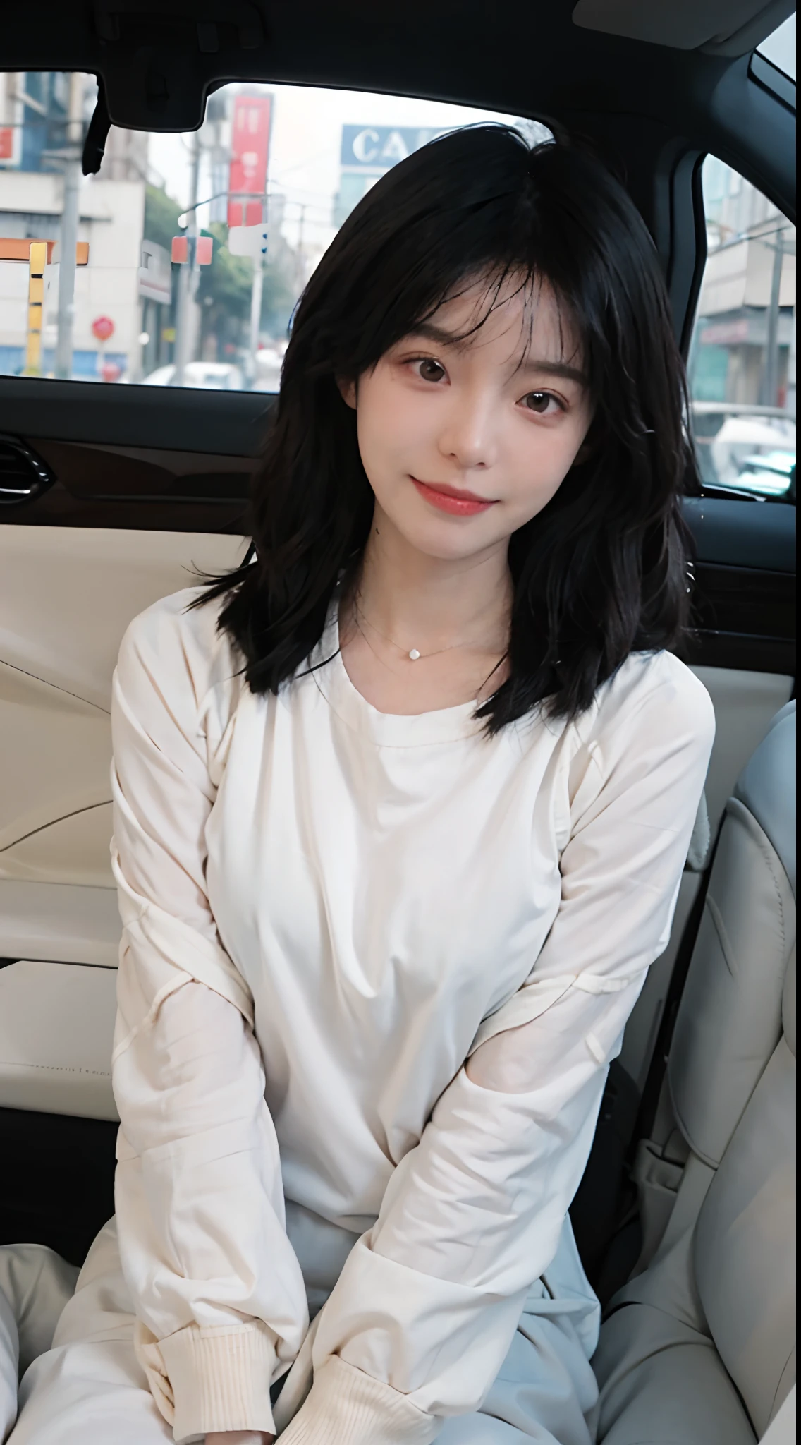 best qualtiy，tmasterpiece，超高分辨率，（realisticlying：1.4），2girls，self-shot，Large wavy curls，Goose egg face，Enchanted smile，二重まぶた，A pair of peach blossom eyes，sweaterdress，Pure，choker necklace，adolable，Snow-white translucent skin，head straight-looking at viewer，In Maserati cars，Full of atmosphere，hair pin：1.4，（The upper part of the body：1.4），