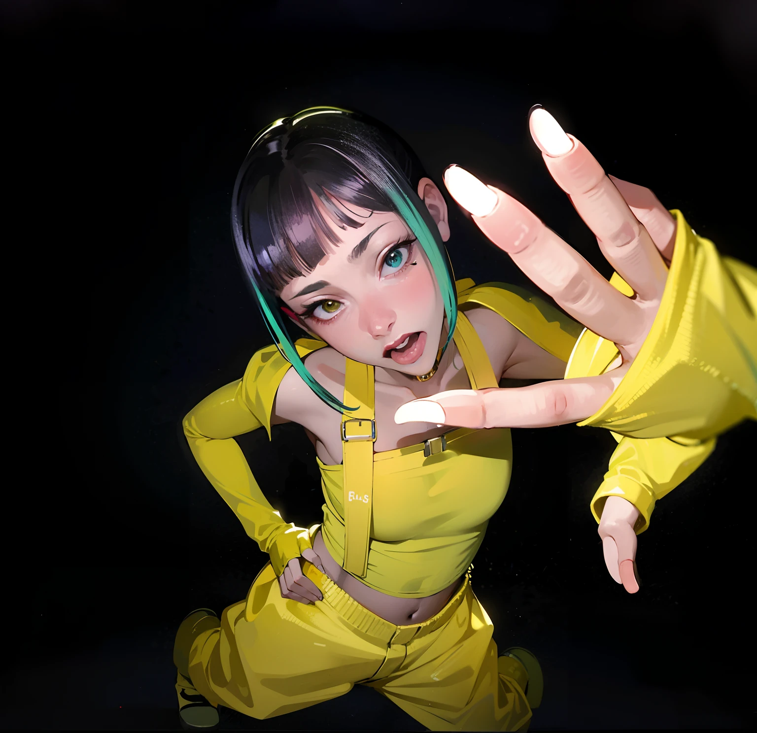 A woman in yellow holds a Wii controller, bella poarch, with index finger, with yellow cloths, overlord billie eilish, Wearing an atom punk jumpsuit, bold rave outfit, It looks like grimaces are mixed, she looks like a mix of grimes, Billie Eilish, hime-cut, y 2 k cutecore clowncore