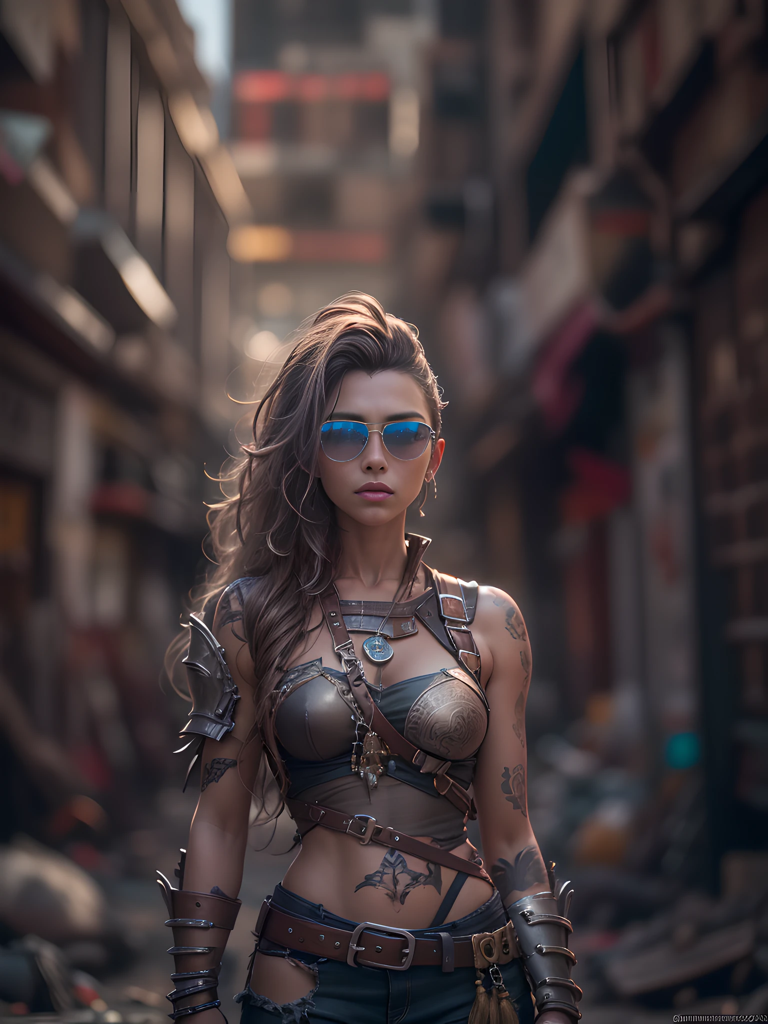 full length view, hyper realistic super detailed photo of a futuristic beautiful barbarian woman wearing sunglasses in a dystopian city, torn outfit with rusty metal armor plates, long messy hair, tattooed arms and body, fashion pose, detailed symmetrical beautiful brown eyes, detailed gorgeous face,apocalyptic environment, fine details, 30MP, 4k, Canon EOS 5D Mark IV DSLR, 85mm lens, sharp focus, intricate detail, slow shutter speed, f/8, ISO 100, shutter speed 1/125, ambient backlight , award-winning photography, in front of the camera, looking at the camera, monovision,perfect contrast, high sharpness, facial symmetry, depth of field, super detailed photography, ray tracing, global illumination, TanvirTamim, smooth, super high resolution, 8k, unreal engine 5, super sharp focus, award winning photography, popular on artstation