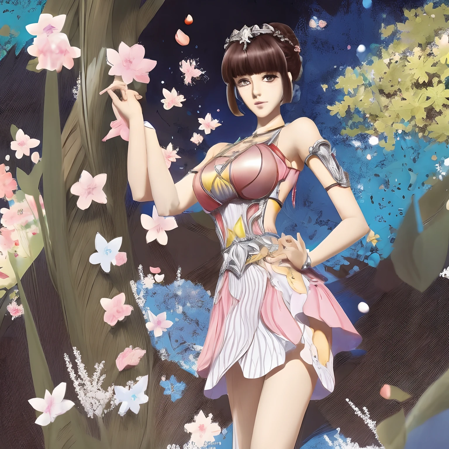 Personagem de de anime com trinta e oito anos de idade, Drawn with manga art, busto grande, grande oppai coberto com arte, slender arms, seios grandes, arms squeezing the breasts, Brown skin, short hair, usando uma jaqueta que deixa todo o peito aberto, a hand shaking an oppai, detalhes da manga, oppai squeeze,