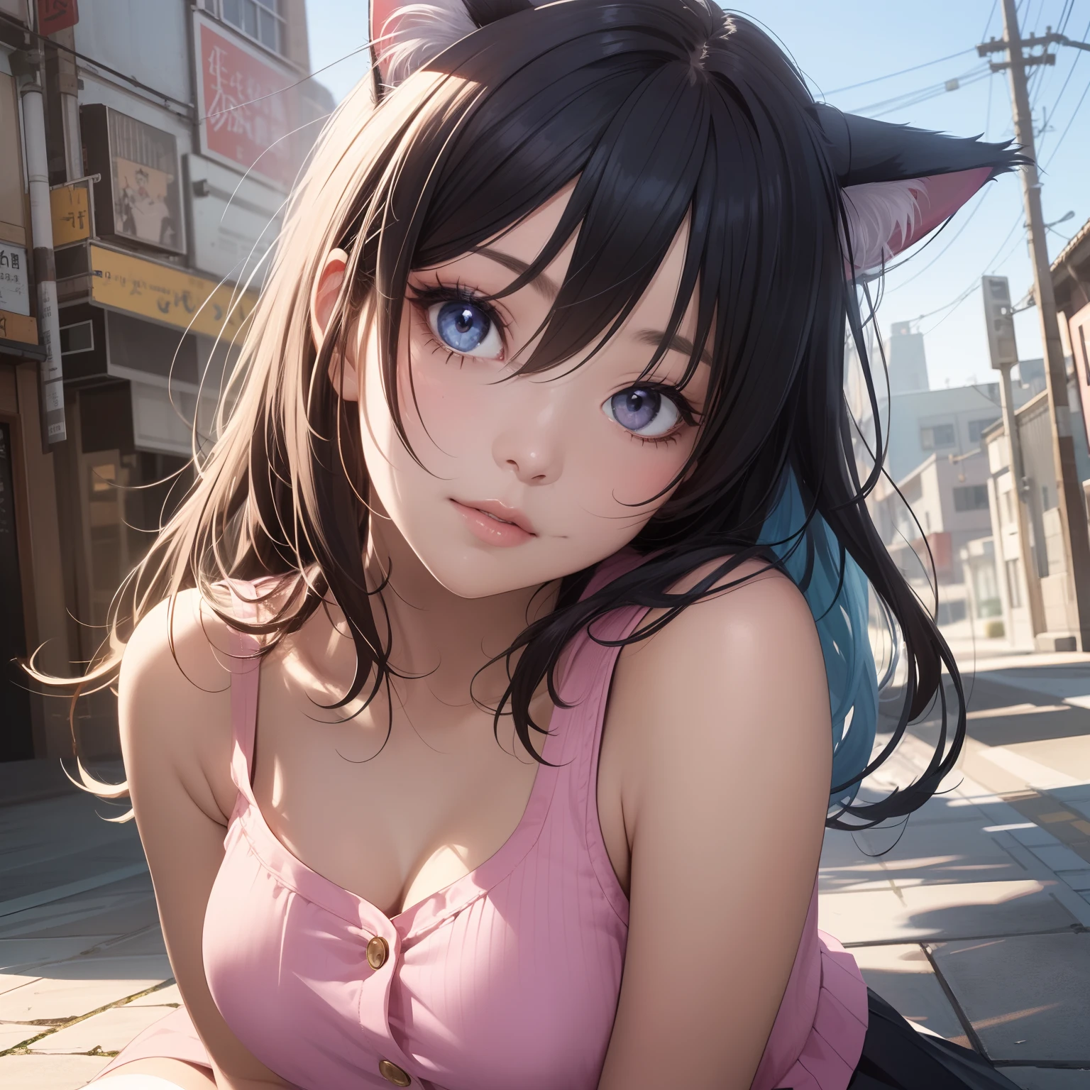 (finely detailed beautiful eyes and detailed face,masterpiece, extreme face close up shot, sidelighting,masterpiece,best quality,detailed,high resolution illustration), (1girl, solo, alone) close up of the face and chest, big chest
(1girl,whole body,bishoujo,lustrous skin,looking down,looking at viewer),
(sky blue hair,pink eyes,short skirt,cat ears,button tank top shirt)