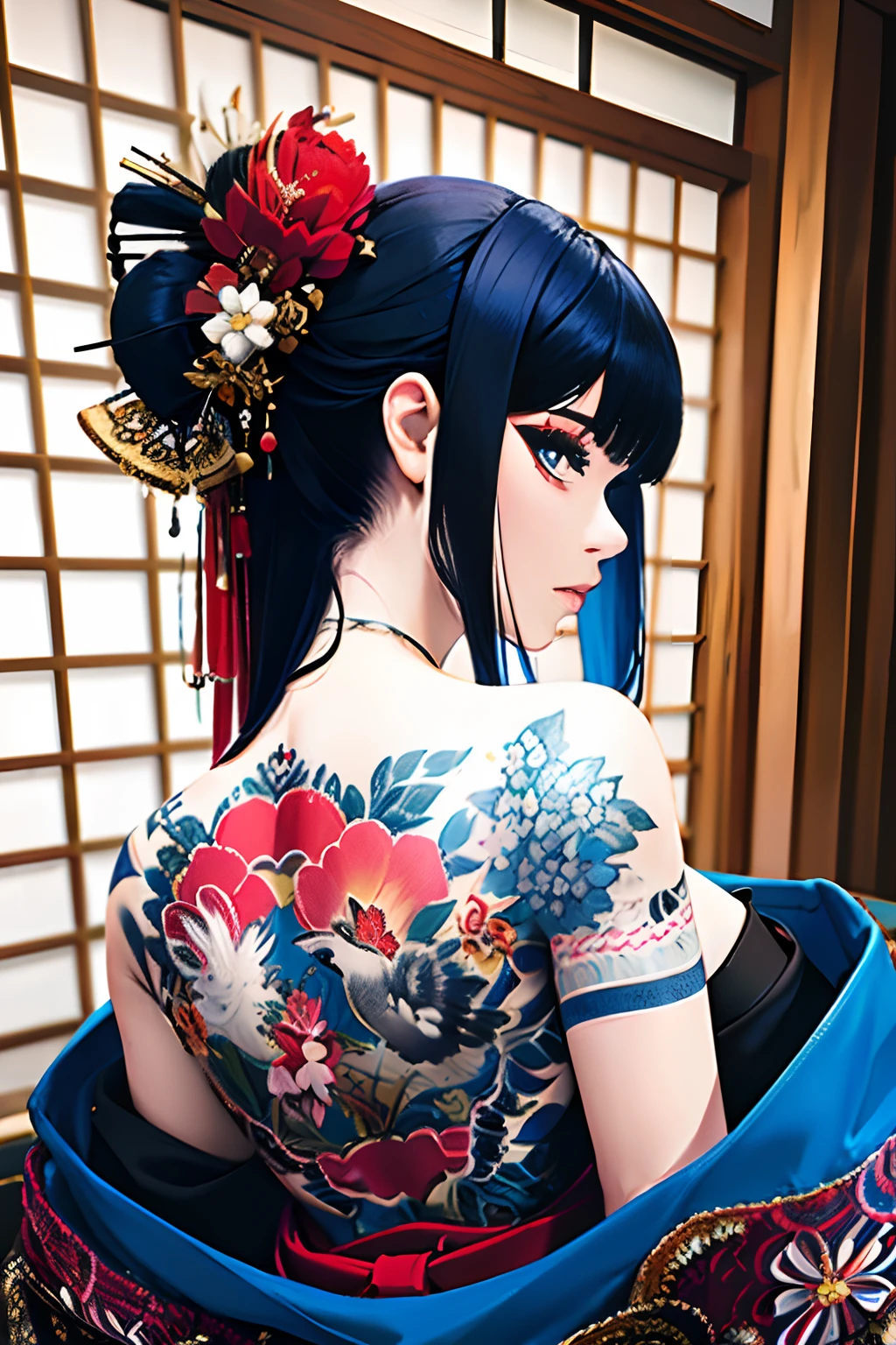 (masterpiece, top quality, best quality, official art, beautiful and aesthetic:1.2),1girl, tattoo, solo, japanese clothes,  hair ornament, unsheathing, black hair, sheath, back tattoo, blue eyes,  off shoulder, bare shoulders, looking back, from behind, flower, looking at viewer,  holding, makeup, 
indoor,