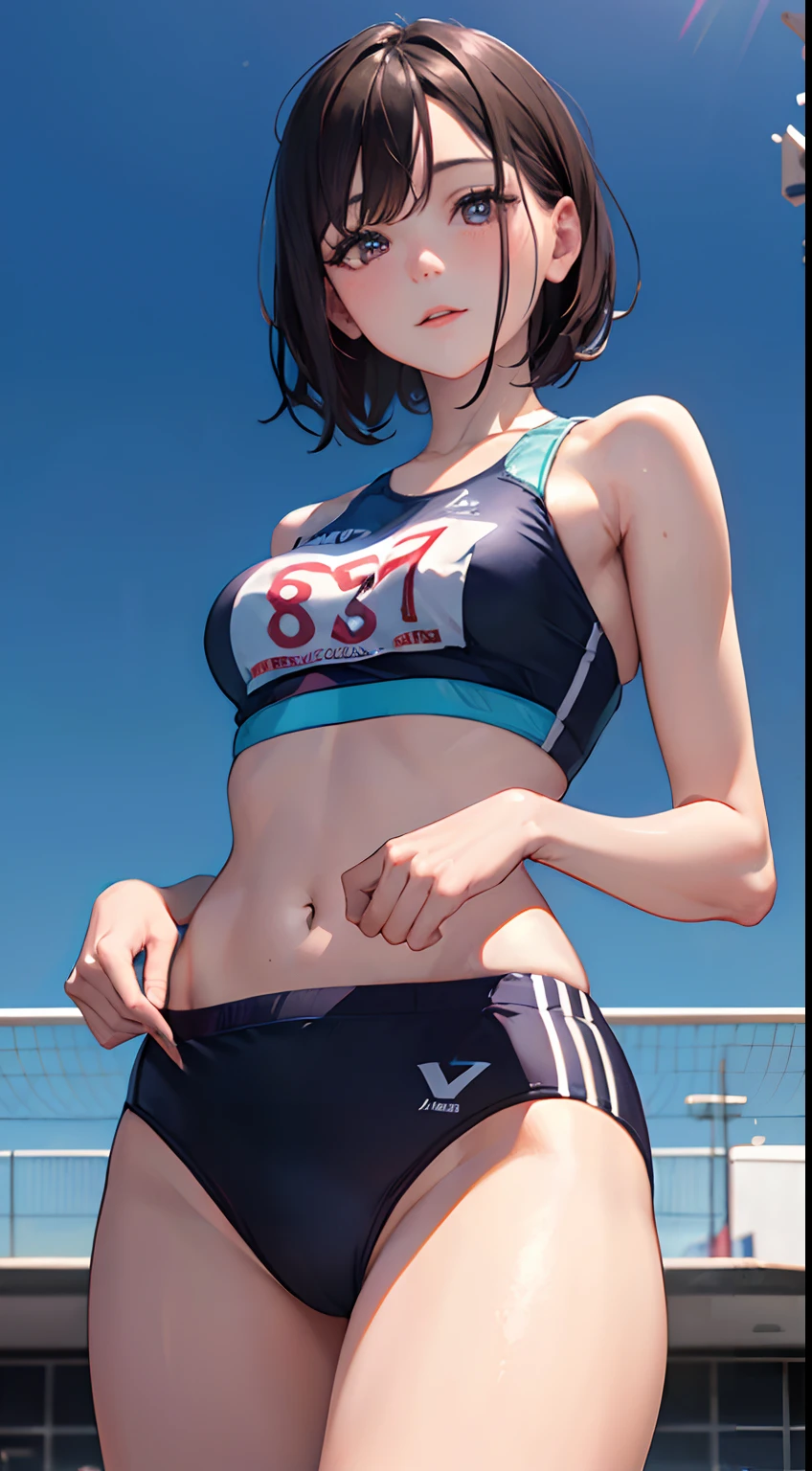(masterpiece, best quality, thin line:1.4), 8k, 85mm portrait, raw photo, absurdres, delicate girl, cowboy shot, (thighs, from below:1.3), shiny skin, (track uniforms, sportswear, sports bras, sports bikinis:1.3), rikujou, track and field, , looking at viewer, 18yo, short hair, HDR, sharp focus, highres, photography, realistic, highest detailed, extreme detailed, ultra detailed, finely detail, detailed eyes and face, sharp pupils, realistic pupils, (smile:0.8), (bokeh background:1.2)