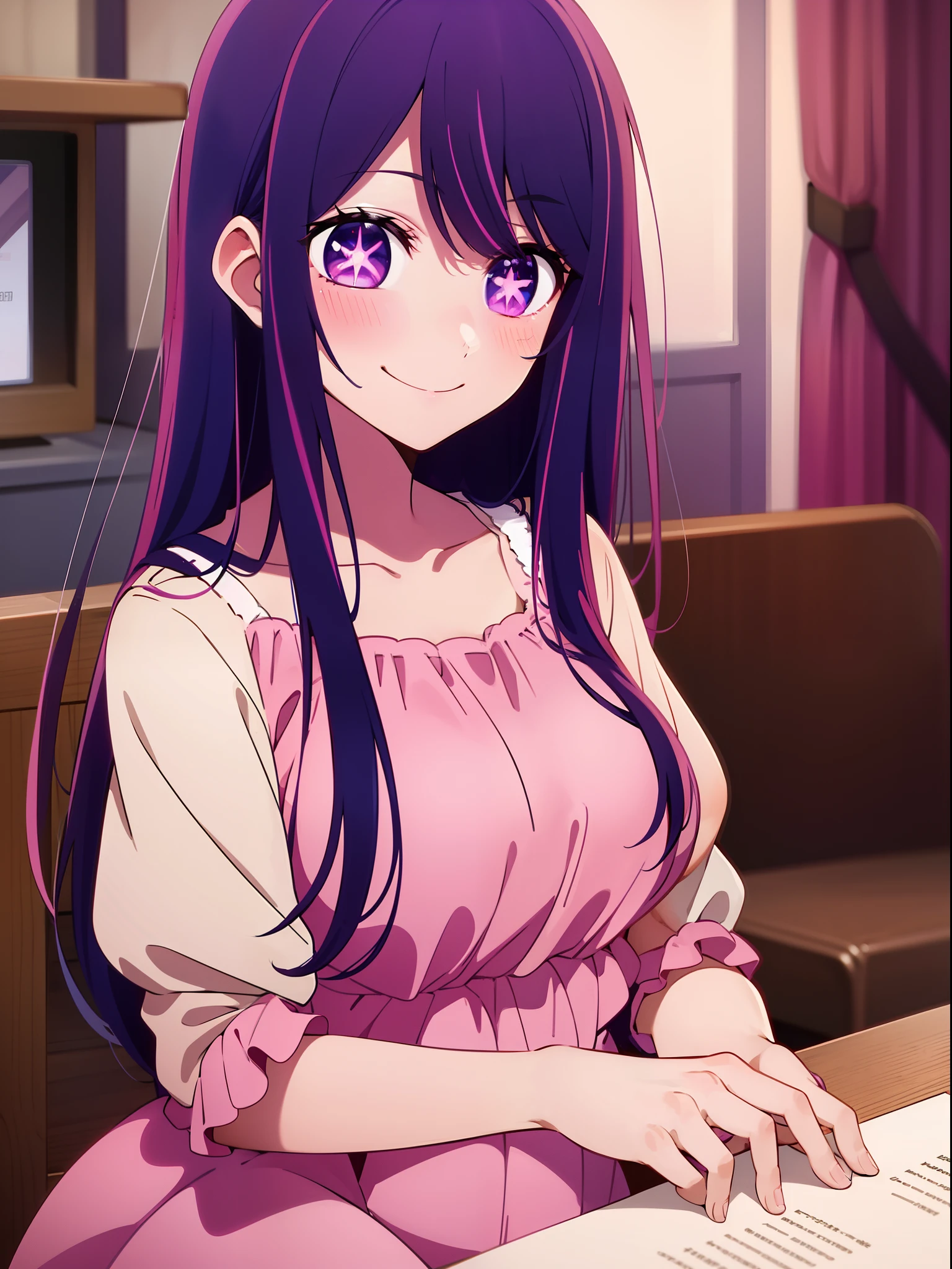 Anime girl with long hair and purple eyes, a picture inspired by Puru, Tumbler, conceptual art, Anime Best Girl, anime moe art style, closeup Iwakura Lain, Anime visuals of cute girls, Anime girl named Lucy, iwakura lain, Still from TV anime, anime still image, (Anime Girl)、Live performance venue、pink dress、a smile、Ai Hoshino、