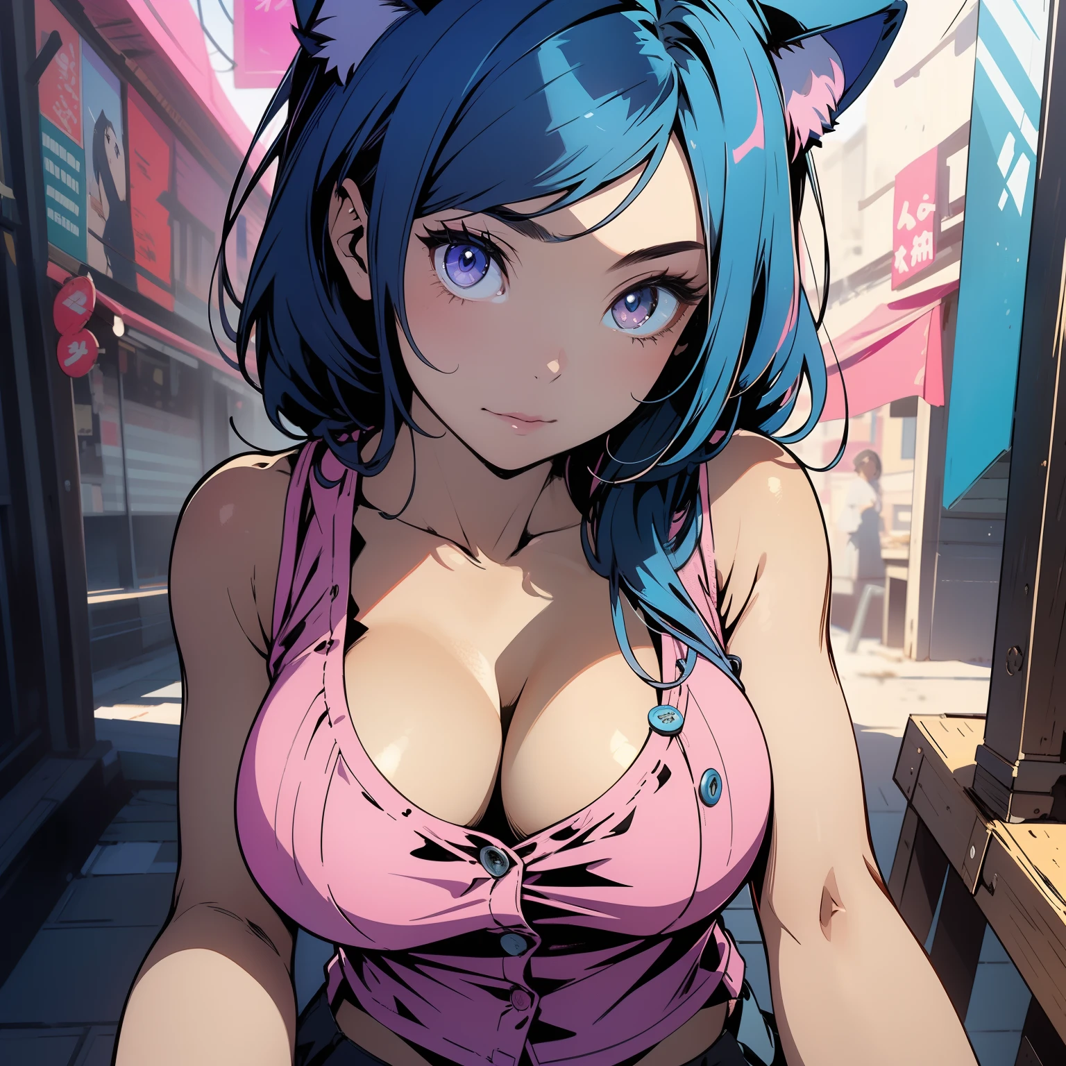 (finely detailed beautiful eyes and detailed face,masterpiece, extreme face close up shot, sidelighting,masterpiece,best quality,detailed,high resolution illustration), (1girl, solo, alone) close up of the face and chest, big chest
(1girl,whole body,bishoujo,lustrous skin,looking down,looking at viewer),
(sky blue hair,pink eyes,short skirt,cat ears,button tank top shirt)