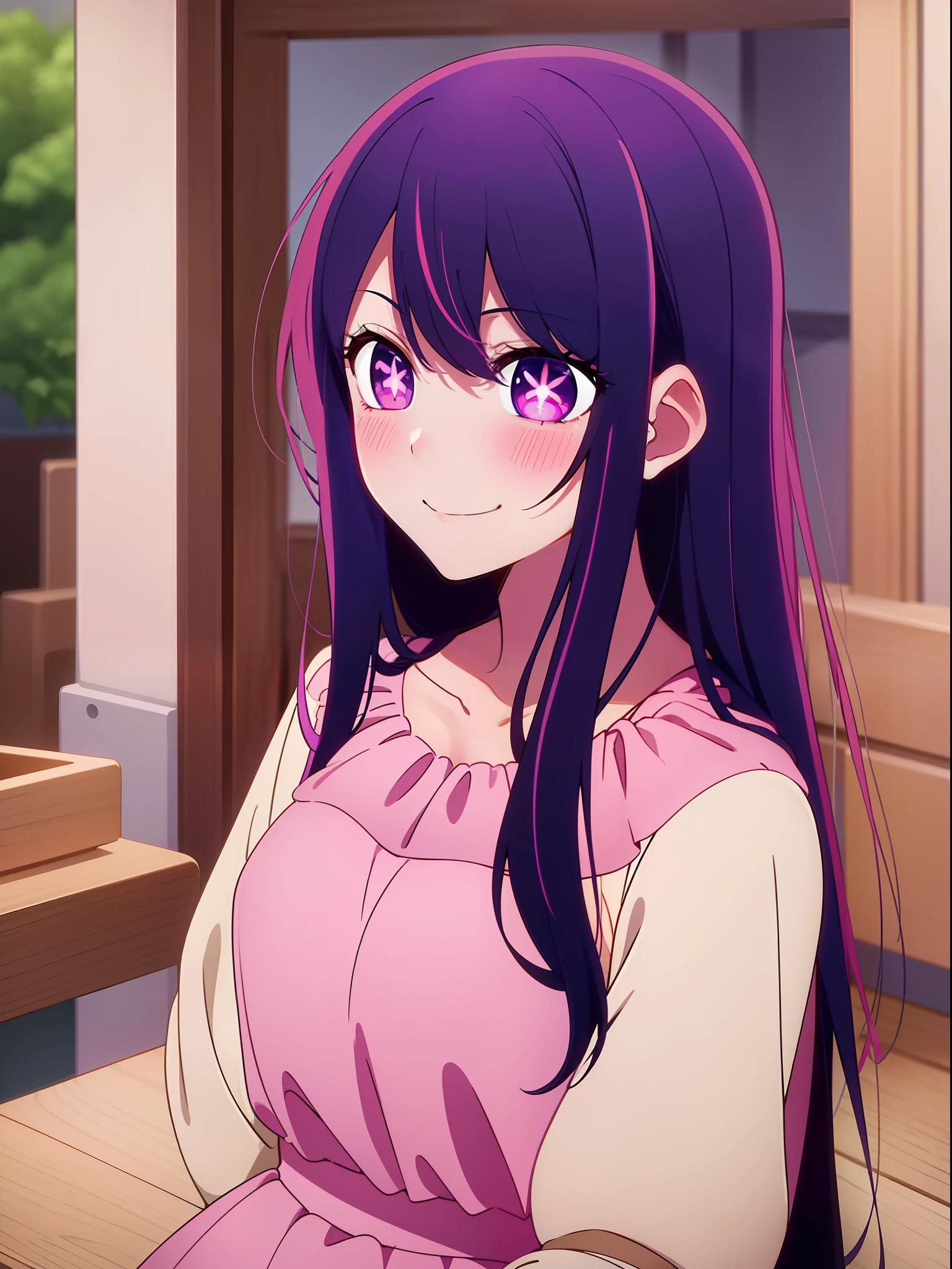 Anime girl with long hair and purple eyes, a picture inspired by Puru, Tumbler, conceptual art, Anime Best Girl, anime moe art style, closeup Iwakura Lain, Anime visuals of cute girls, Anime girl named Lucy, iwakura lain, Still from TV anime, anime still image, (Anime Girl)、Live performance venue、pink  dress、a smile、Ai Hoshino、