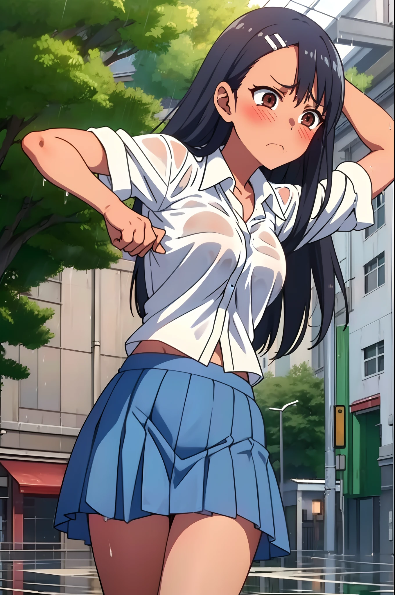Nagatoro hayase, 1girl, standing, slim, small boobs, ((wet white shirt, blue skirt)), surprised, angry, (hands above head), black hair, brown eyes, long hair, blush, bare legs, schoolgirl, outside, on street, ((in rain, dark, street light)), masterpiece, detailed, high quality