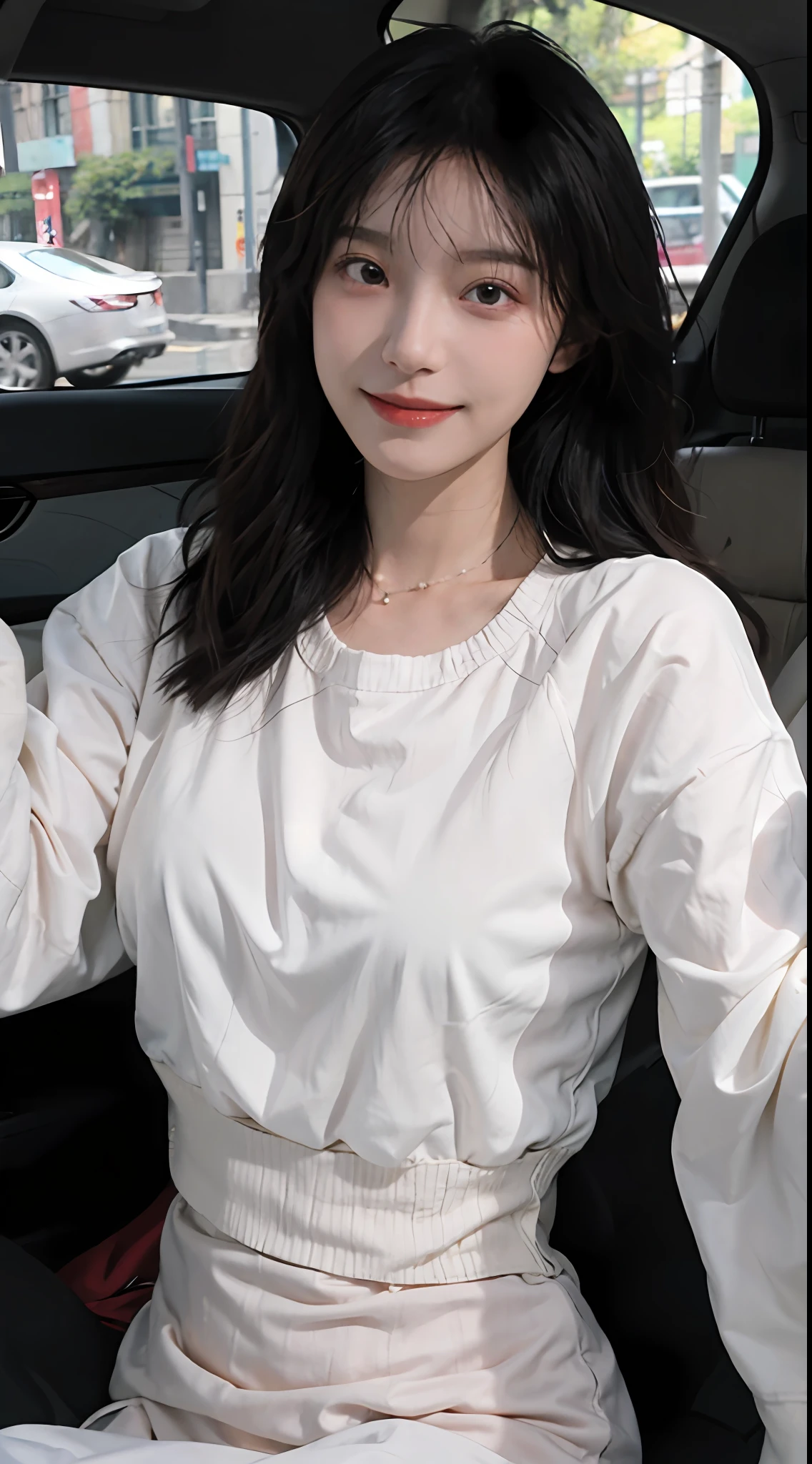 best qualtiy，tmasterpiece，超高分辨率，（realisticlying：1.4），2girls，self-shot，Large wavy curls，Goose egg face，Enchanted smile，二重まぶた，A pair of peach blossom eyes，Red sweater dress，Pure，choker necklace，adolable，Translucent skin，head straight-looking at viewer，In Maserati cars，Full of atmosphere，hair pin：1.4，（The upper part of the body：1.4），