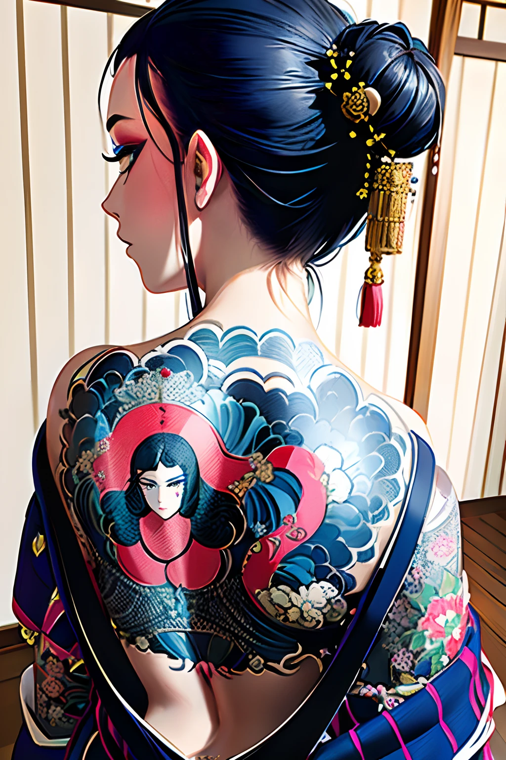 (masterpiece, top quality, best quality, official art, beautiful and aesthetic:1.2),1girl, tattoo, solo, japanese clothes,  hair ornament, unsheathing, black hair, sheath, back tattoo, blue eyes,  off shoulder, bare shoulders, looking back, from behind, flower, looking at viewer,  holding, makeup, 
indoor,