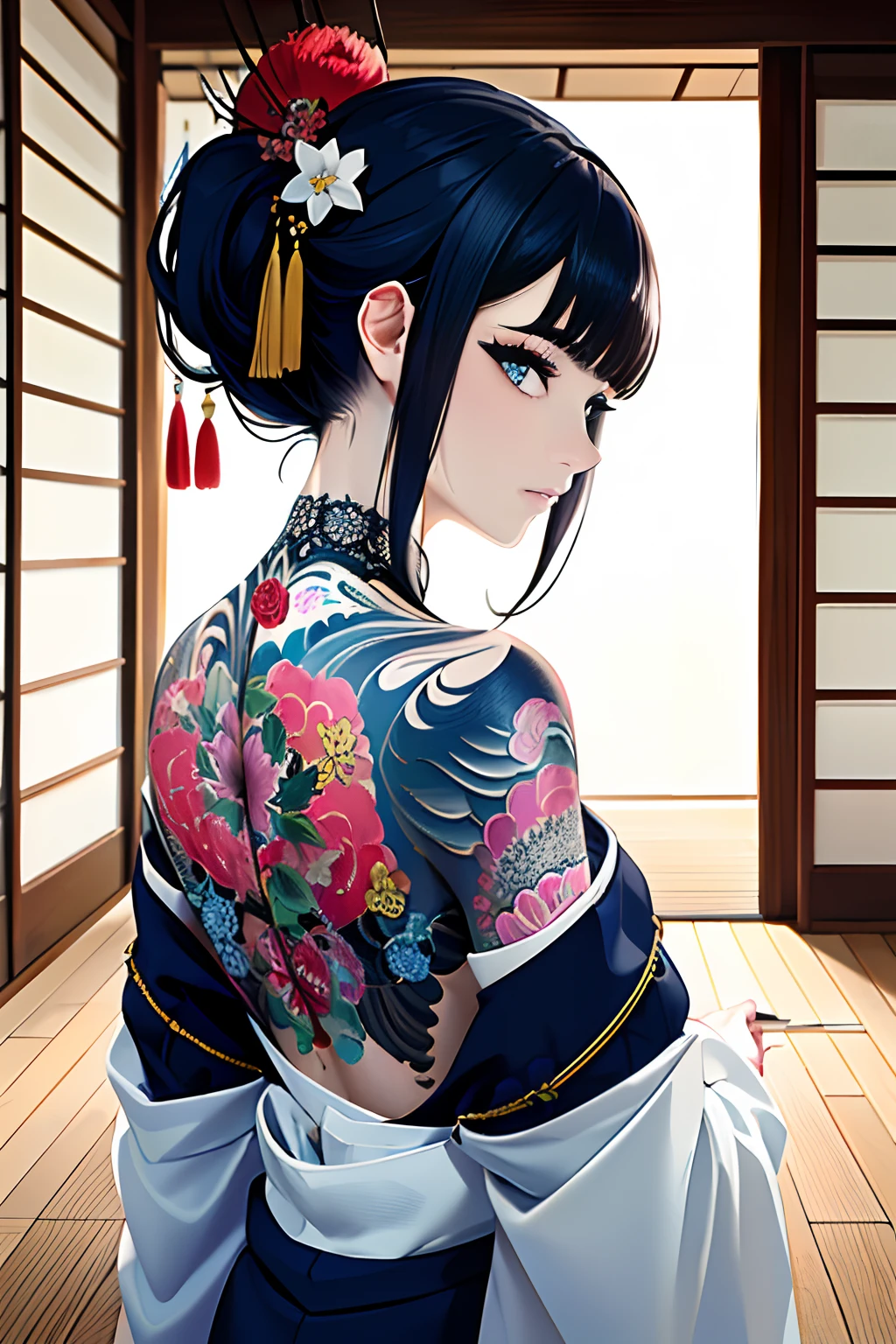 (masterpiece, top quality, best quality, official art, beautiful and aesthetic:1.2), (black woman:1.25), tattoo, solo, japanese clothes,  hair ornament, unsheathing, afro hair, sheath, back tattoo, green eyes, off shoulder, bare shoulders, looking back, from behind, fullbody, flower, looking at viewer,  holding, makeup, indoor, unclothed, ((NSFW:1.2))