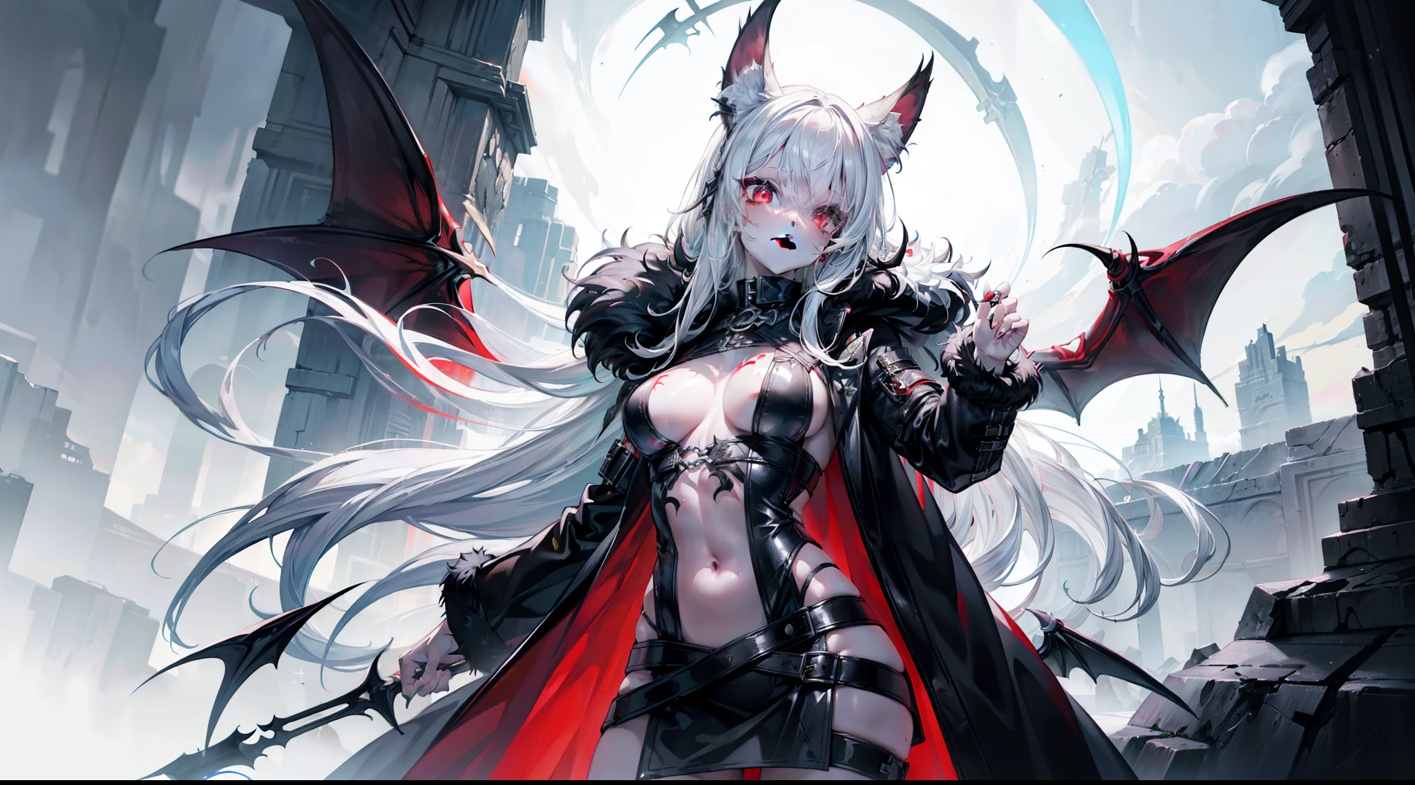realistic photo of slaved (savage, tribal, jungle)_vampire with (white hair), bat fur, bat ears, coat|wings, ((fangs)), futuristic_extremely_detailed_tight_(lacy, silk, satin, leather, latex, fur)_(clothing, skirt), detailed face, detailed beautiful shiny red eyes, slit pupils, metallic reflections, ((tatooed, marked)_with_shining_runes)_fit_muscular_body, shiny white skin, tropical city ruins fog, 1girl, natural breasts, medium length white hair, masterpiece, best quality, beautiful and aesthetic:1.2, fractal art:1.4