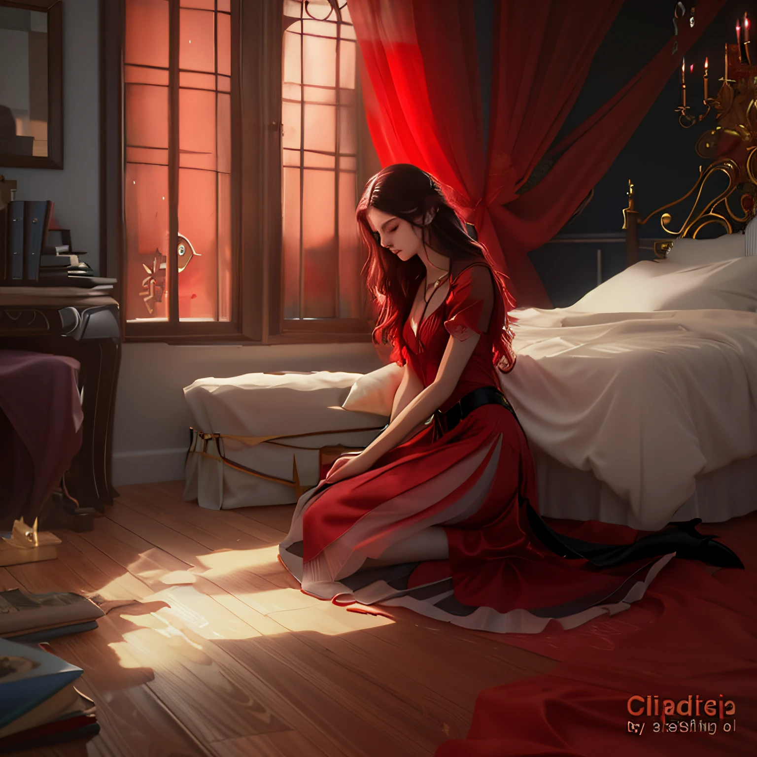 Beautiful woman lying down, Full body, (Best Quality, 8k, High resolution, masutepiece:1.2), myth, Beautiful woman in red dress, stunning eyes, Detailed nose, seductive lips, complex composition, Beautiful depiction, Ultra-detailed, B,