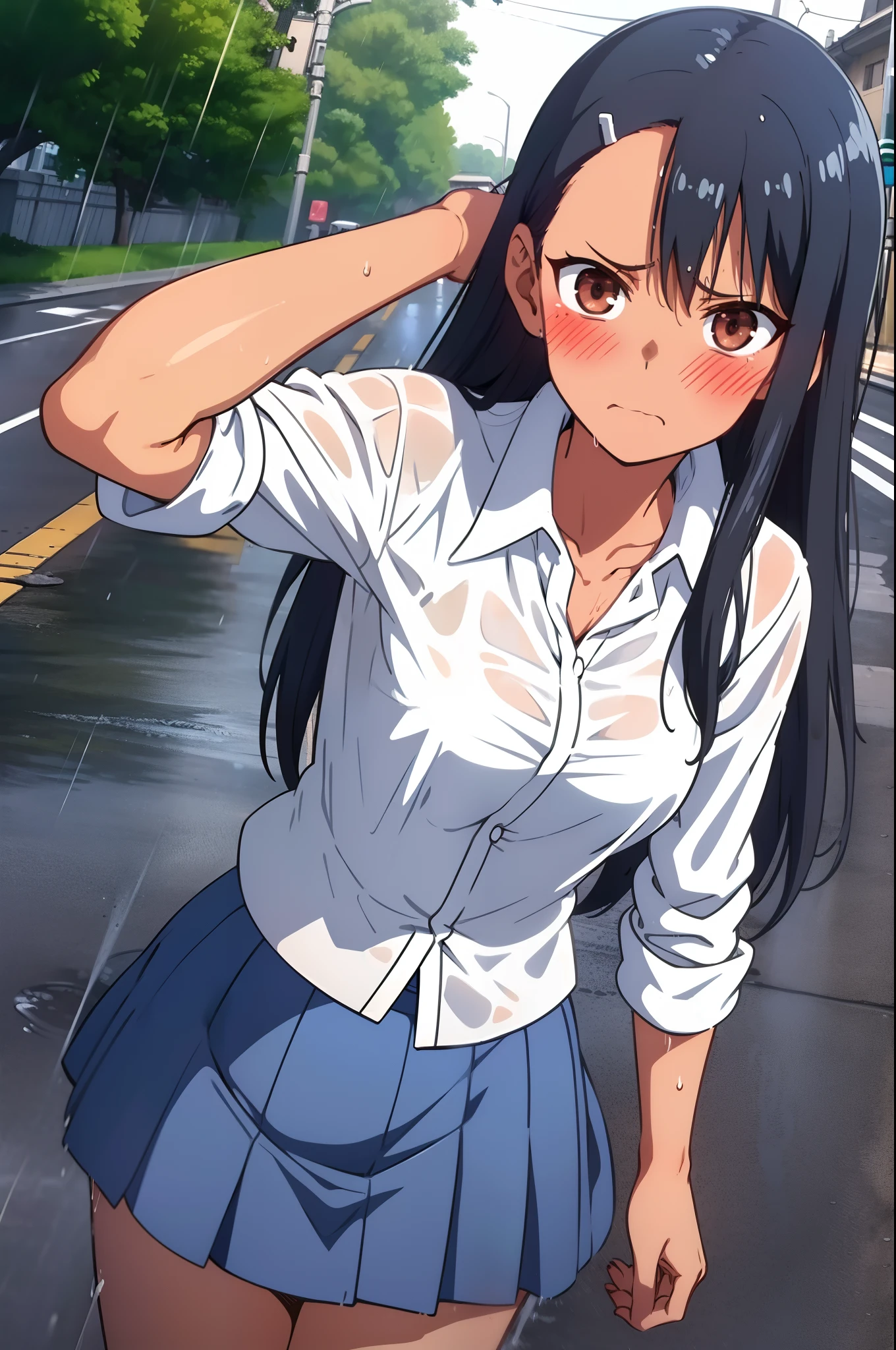 HDR, CG, foco nítido, (8k), (4k), ​masterpiece, top-quality, foco nítido, ighly detailed, Convoluted, ultra-detailliert, Nagase Nagatoro, brown-eyed, A dark-haired, bangss, length hair, darkskinned, hair clips, white  shirt, a blue skirt, without socks, Uwabaki, cowboy  shot, plein air, Slums、deep in the night、Dim Street Lights、Dirty back alley、littered with garbage、Outlaws are gathering、public、((Rape、gang-rape、Held to the ground by men in the crowd)) Portrait、Wearing sweat、(opened breast), agony、contempt, muscle, large boob,lotion, ((Tears flow, Crying in frustration)),Hollow eyes、Lusting、hard breathing、 ((Sex Expressions、 overflowing from the genitals,、ssex、))