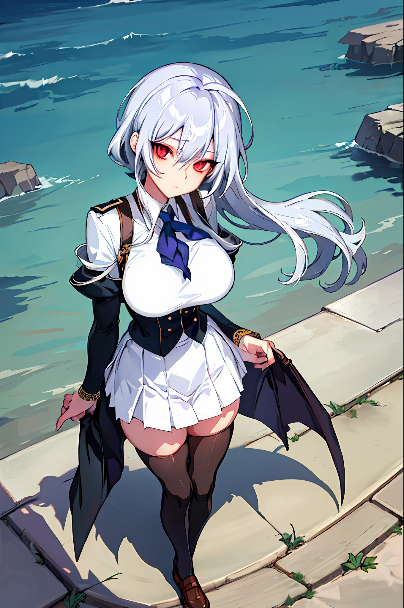 masterpiece, best quality, high_resolution, fine details, very detailed and beautiful, distinct_image, 1 girl, solo, from above, silver hair, red eyes, dragon horns, (huge breasts), (),outdoor,school uniform,thighhigh,miniskirt