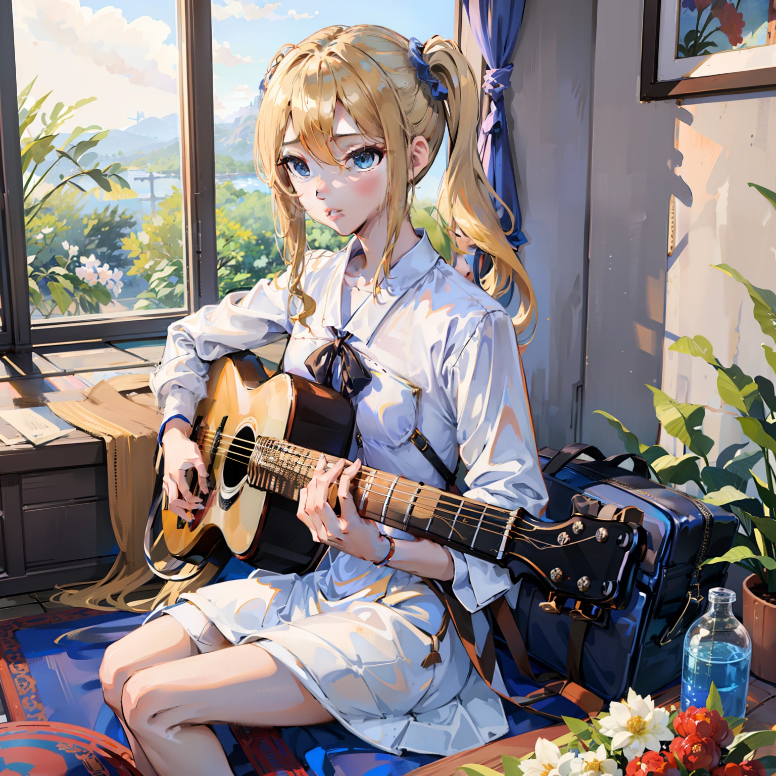 Hayasaka、独奏、a blond、Playing guitar、Agra、校服、Beautiful eyes、sitting on ground、Stylish room、masterpiece、top-quality、tre anatomically correct、8k、Lots of colors、