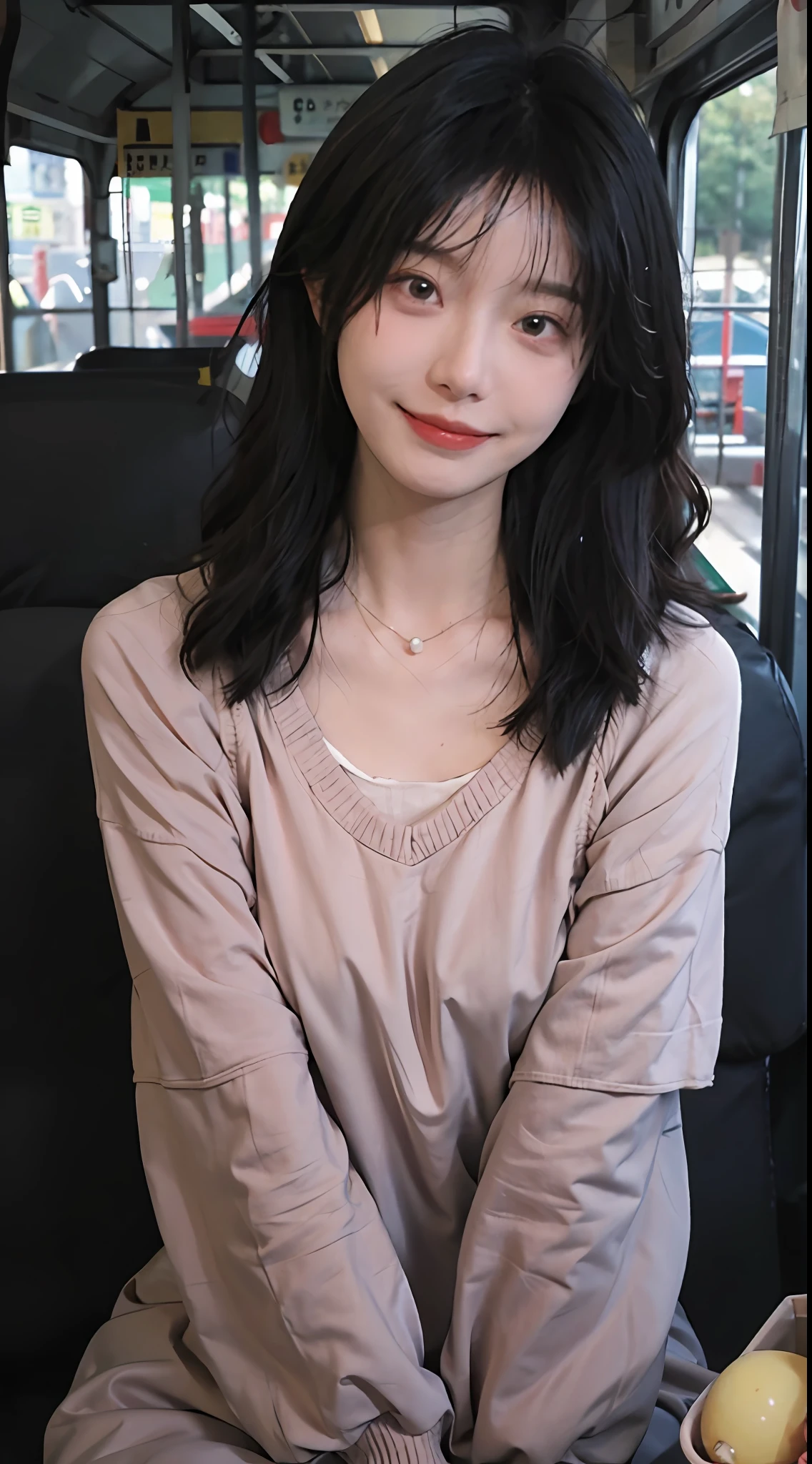 best qualtiy，tmasterpiece，超高分辨率，（realisticlying：1.4），2girls，Red sweater dress,Red sweater dress,self-shot，Large wavy curls，Goose egg face，Enchanted smile，二重まぶた，A pair of peach blossom eyes，，Pure，choker necklace，adolable，Translucent skin，head straight-looking at viewer，In the bus，Full of atmosphere，hair pin：1.4，（The upper part of the body：1.4），