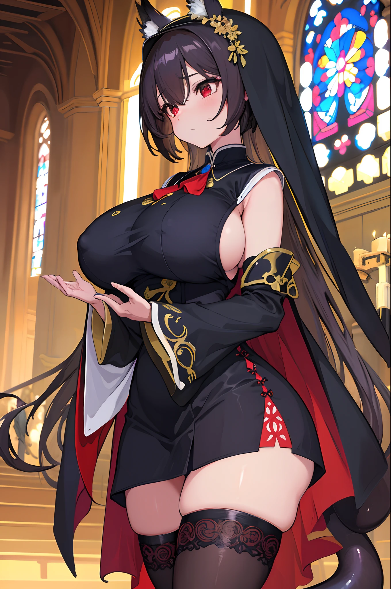masterpiece, top-quality, high_resolution, fine detailed, highly detailed and beautiful, Distinct_image, 1 rapariga, 独奏, frombelow, A dark-haired, red eyes, Dragon's horn, (huge-breasted), (tits out),Woman in black dress and stockings posing in church, Chic, nun outfit, extremely detailed goddess shot, oppai, giantess art, anime goddess, immaculately detailed, SFW version, goddess of Japan, dressed like a cleric, thicc build, heavy detailed, anime highly detailed, 8k high quality detailed art、(Succubus tail)