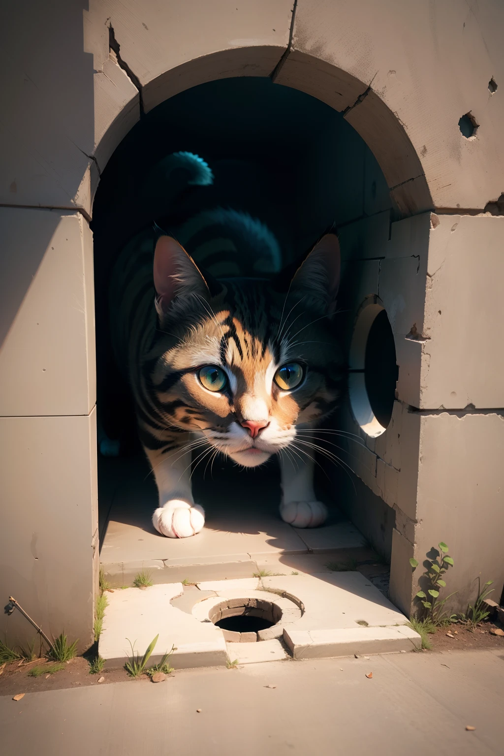 Anamorphic art cat looking through hole in the wall