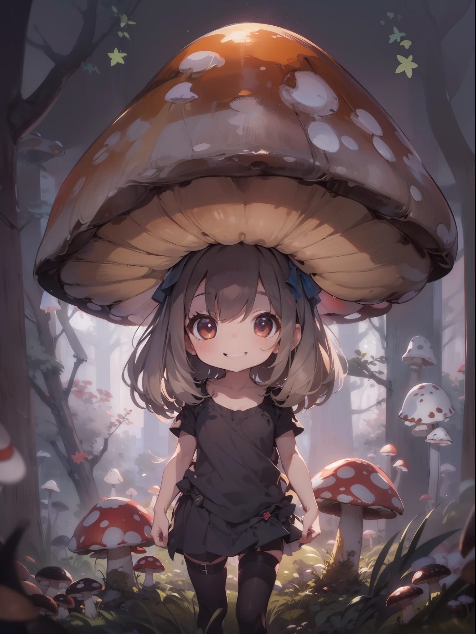 mushroom and girl, chibi, cute, big smile, dark room, mushrooms, mushrooms + mushrooms + mushrooms + mushrooms + mushrooms, mushroom on head, professional simple drawing,