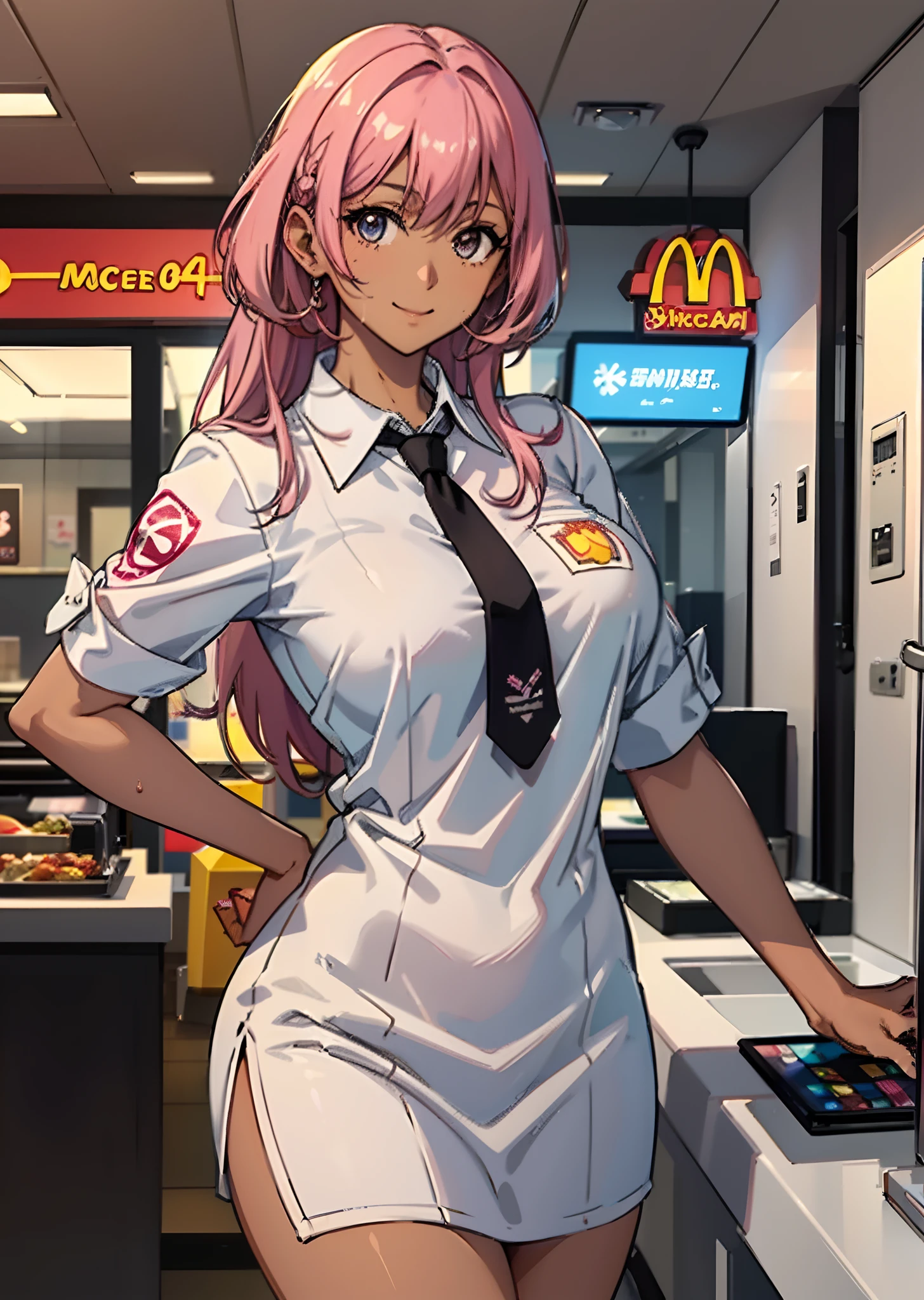 ((((Representative work 3.0、top-quality、Smile 3.0、Wearing a McDonald's uniform 4.0、Blouse、Looking at me over the McDonald's counter、Work as a clerk at McDonald's、Brown skin、Pink hair 3.0、dynamic pose1.5、large full breasts、Brown skin color、A pink-haired、Wearing sweat、ssmile、)))((()))、Long body、(((((、long legged))))),((((darkskin)))),((sun burn)),Whole human body、(((Shyness)))、Realistic skin type、an anime girl、Detailed Digital Anime Art、extremely detailed art germ、a hyperrealistic schoolgirl、Ilyakukvshinov、Smooth Anime CG Art、Ultra Realistic Woman、ig model、ArtGerm、Photorealistic anime girl rendering、digital anime art