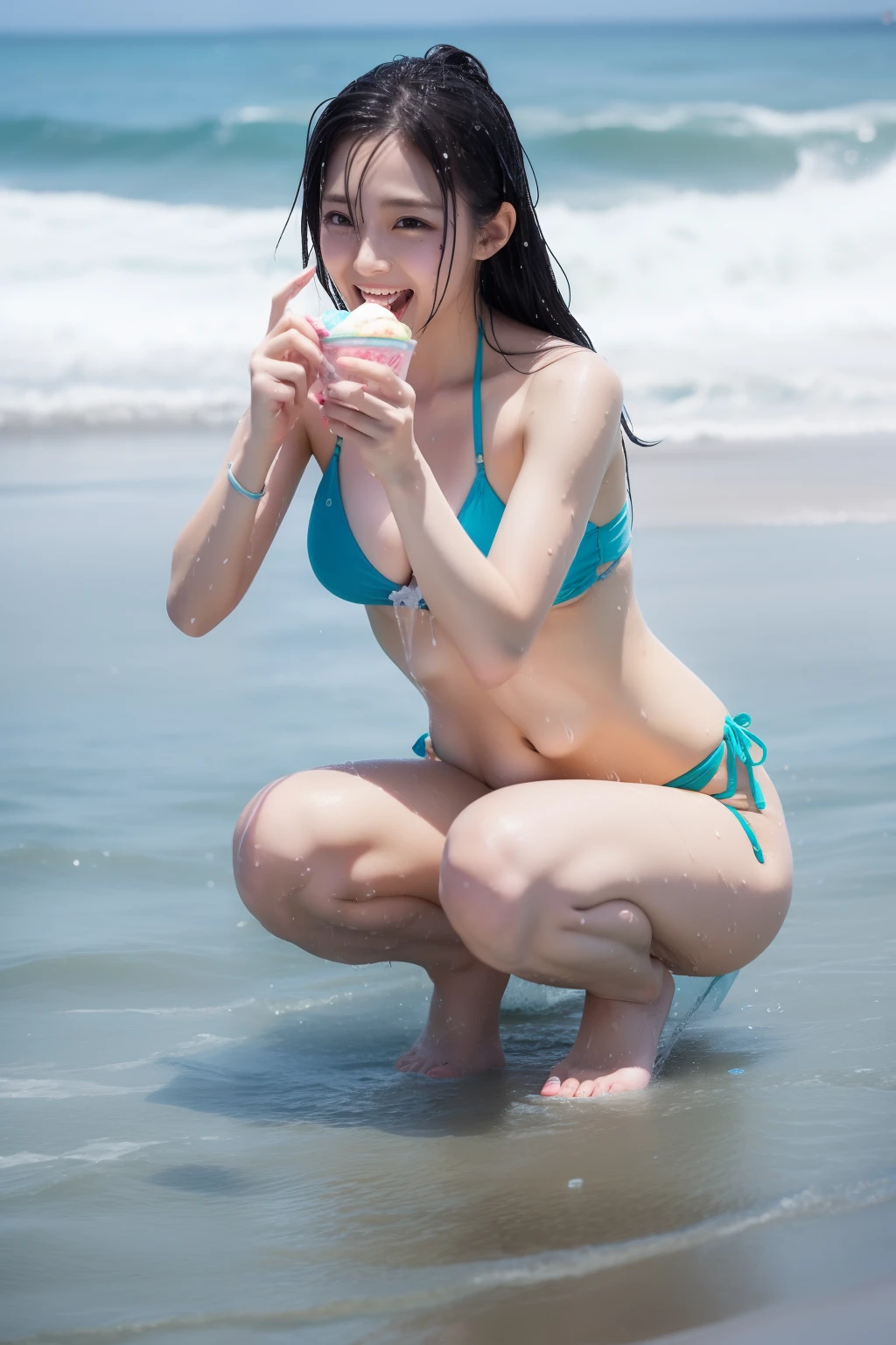 K-pop idols、Female sexy、maikurobikini、Eating ice cream、crouching down、full of sweat、sodden、She's wet、sea side