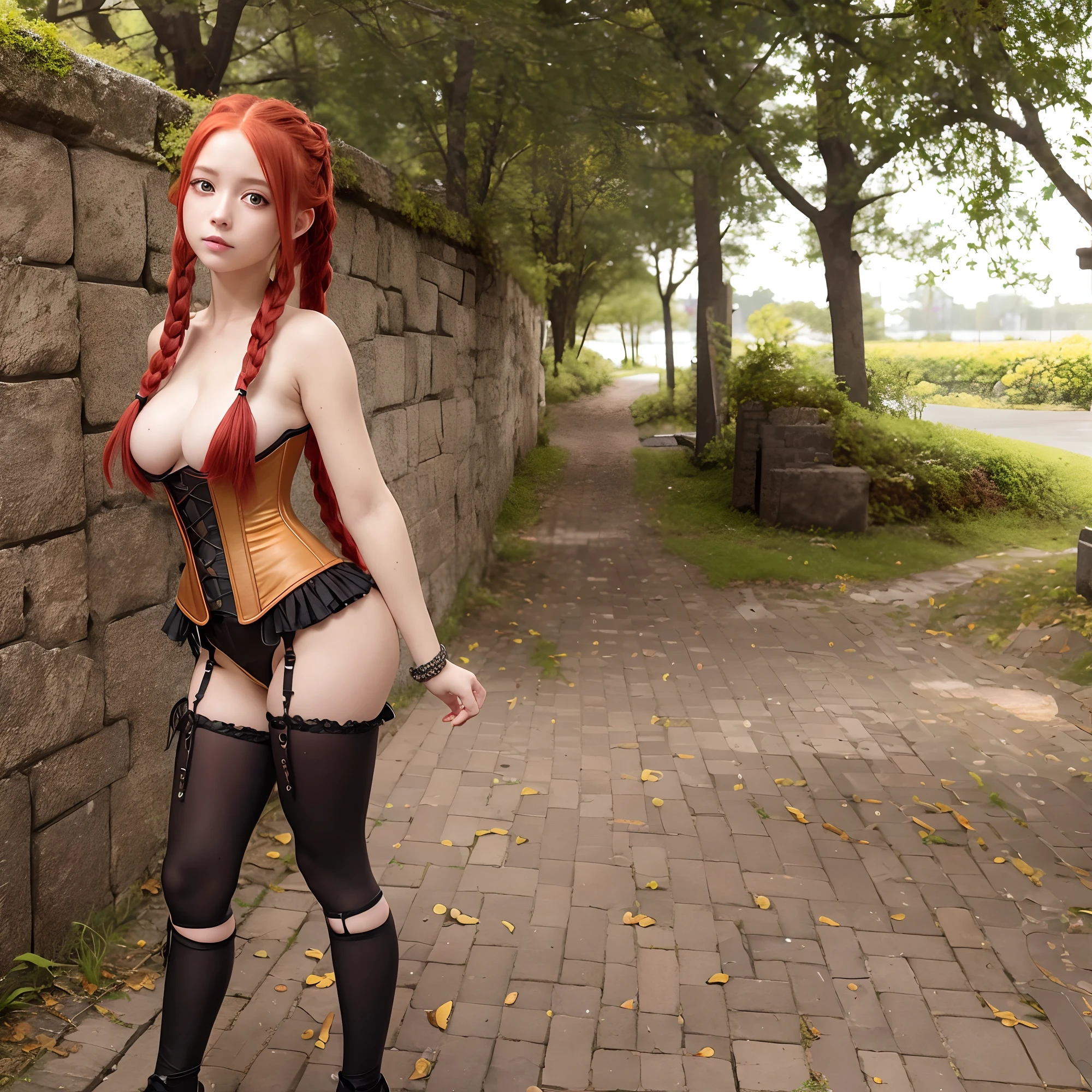 Adolescent, best quality, ultra detailed, redhead, yellow eyes, makima, electric saw man, anime, hair with braids, sexy corset, full body vision.