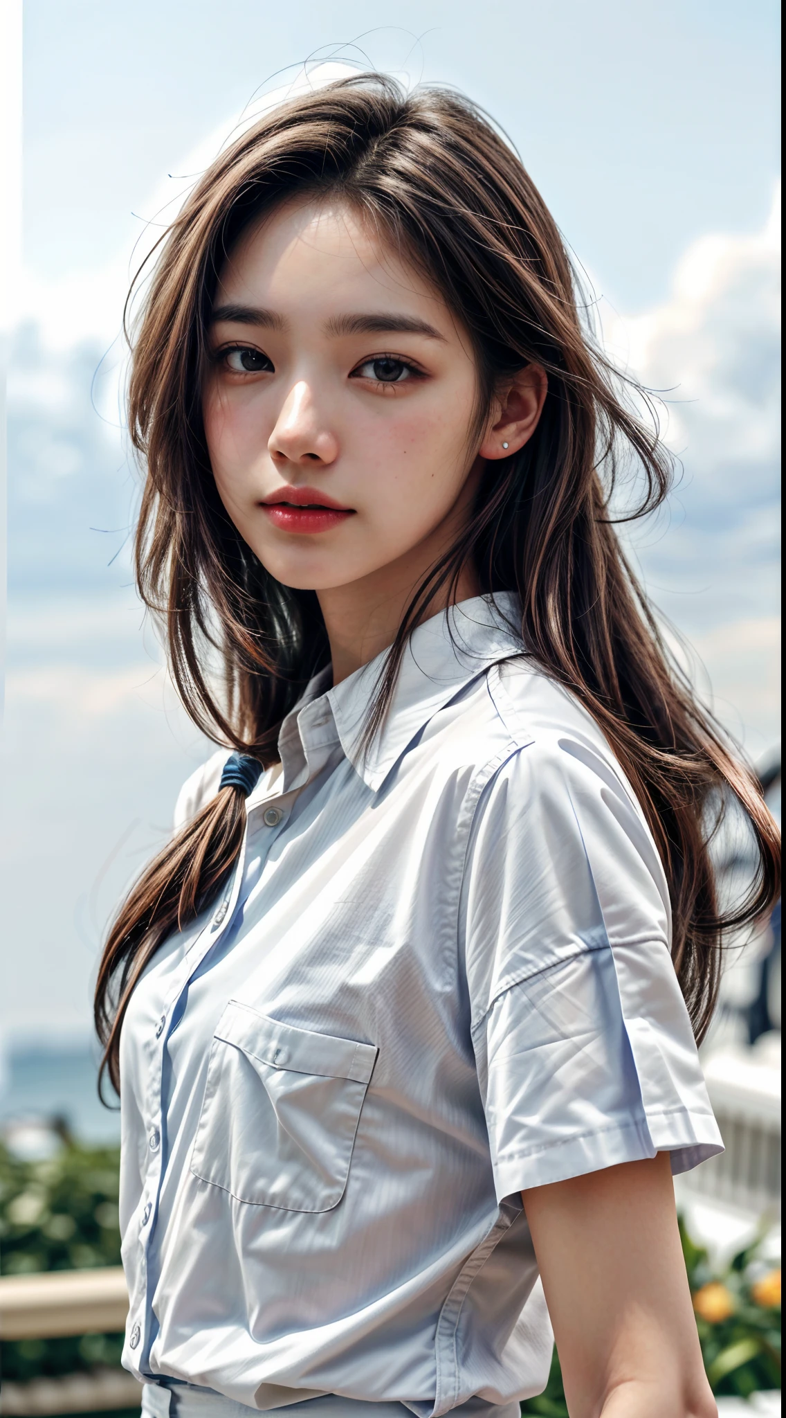 (1girl), solo, latin-girl, long_hair, wearing(whiteshirt), photo(close-up-shot), direct-portrait, pov, blurry_background, background(sky-horizon, space, galaxy, star), (photorealistic, absurdres, best_quality:1.55),