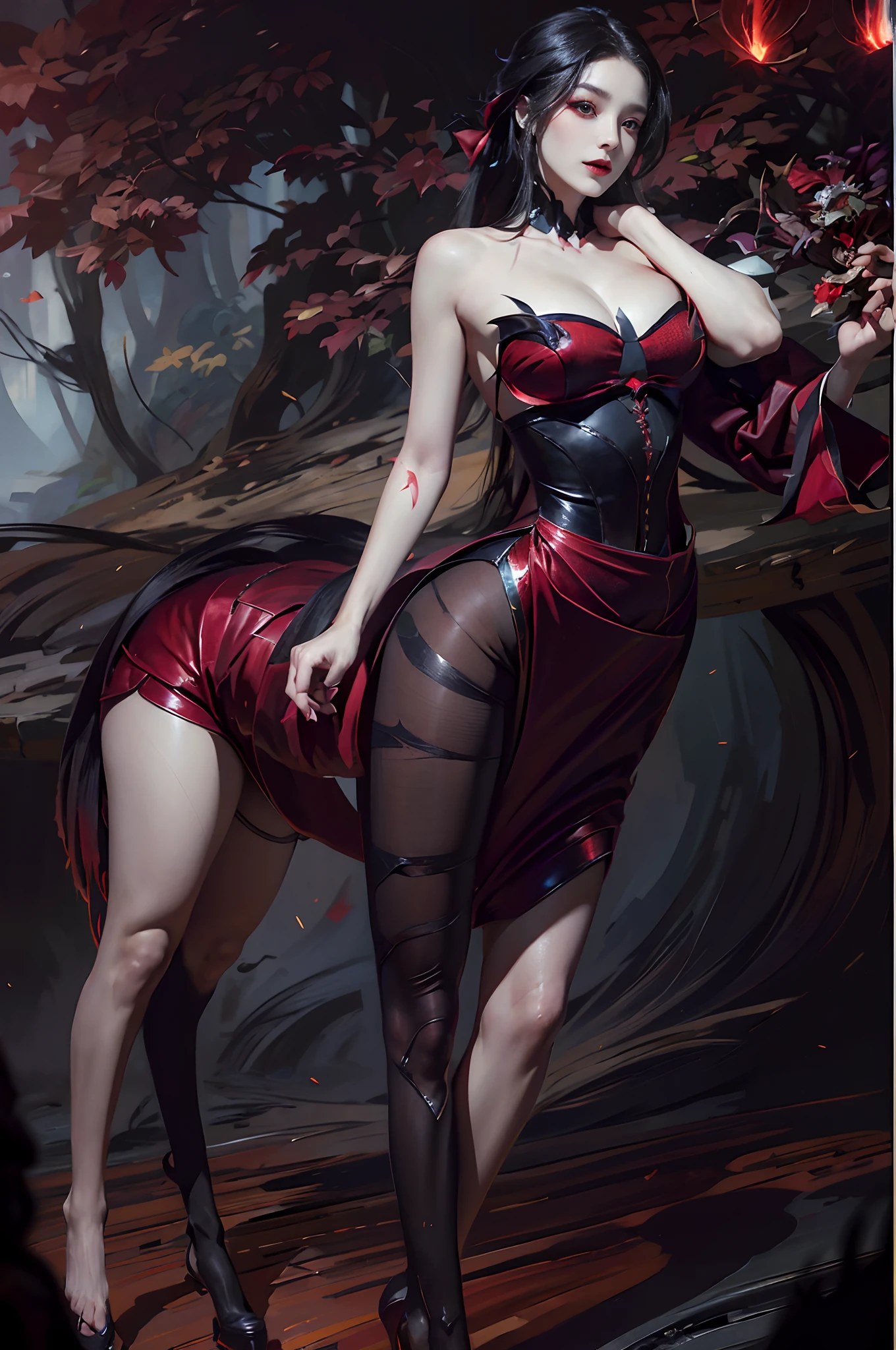 1 beautiful devil woman from hell, In the Dark: 1.6), surreal female portrait by David Hockney and Alphonse Mucha, fantasy art, korea doll, photorealism, dynamic lighting, artstation, poster, volumetric lighting, very detailed faces, 8k ultra, Awarded, in the dark, deep shadow, low key, cowboy lens, (Red phoenix dress: 1.4), long hair, black hair, bust, luxurious palace, Royal style, devil crown, red eyes make up very sharp and detailed, The most beautiful face, The breasts are very big and round and round, Super realistic, chinese women's clothing, polo neck sweater, Charming smile, The eyes are very well made up, guweiz, devil style, wearing black mesh socks, Ponytail with a bow tied at the back of the hair, Red black lips, Devil tattoo on shoulder, wearing a thin red and black robe, the landscape is overcast and thunderous, (Portrait), Close-up of the main character, (Background details 1.8),
