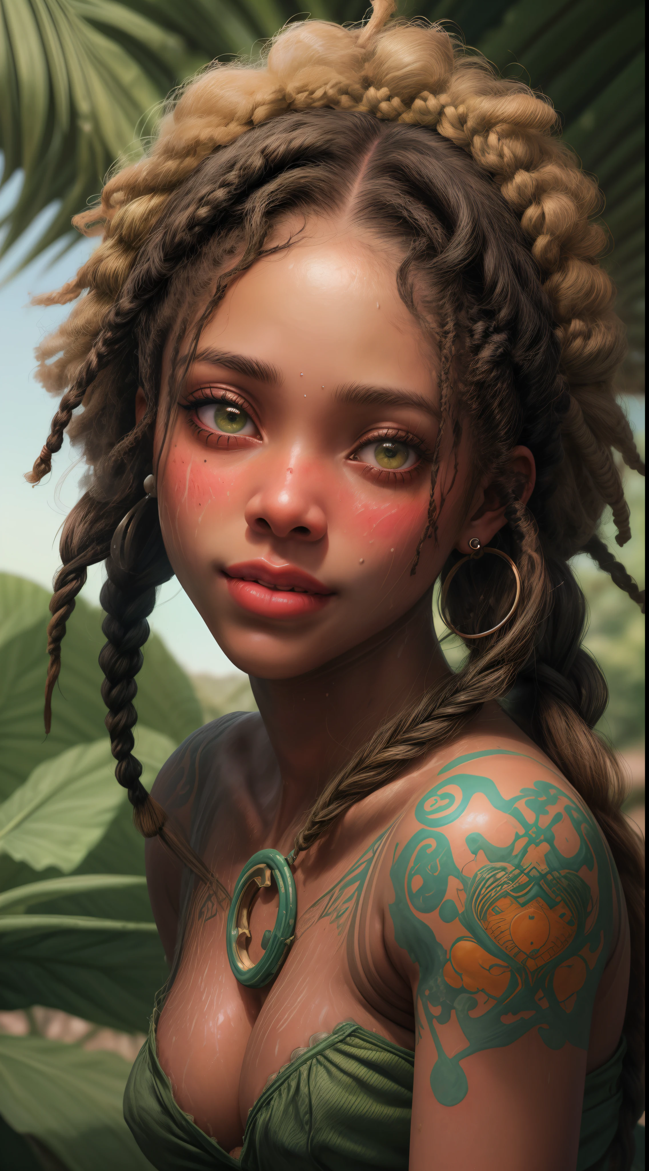Retrato de uma garota de 18 anos sorrindo de bone, afro Americana olhos grandes verdes boca carnuda com batom vermelho, brinco , sweaty skin with imperfections,tatuada, hair with braids and blonde bangs, detalhes intricados ( 8k super realista)