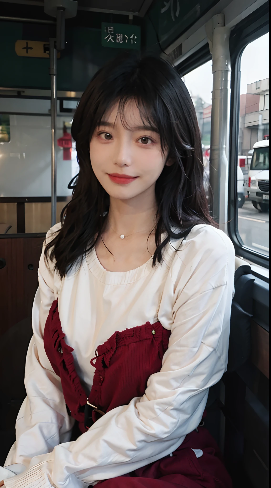 best qualtiy,tmasterpiece,超高分辨率,(realisticlying:1.4),2girls,Red sweater dress,Red sweater dress,self-shot,Large wavy curls,Goose egg face,Enchanted smile,二重まぶた,A pair of peach blossom eyes,,Pure,choker necklace,adolable,Translucent skin,head straight-looking at viewer,In the bus,Full of atmosphere,hair pin:1.4,(The upper part of the body:1.4),