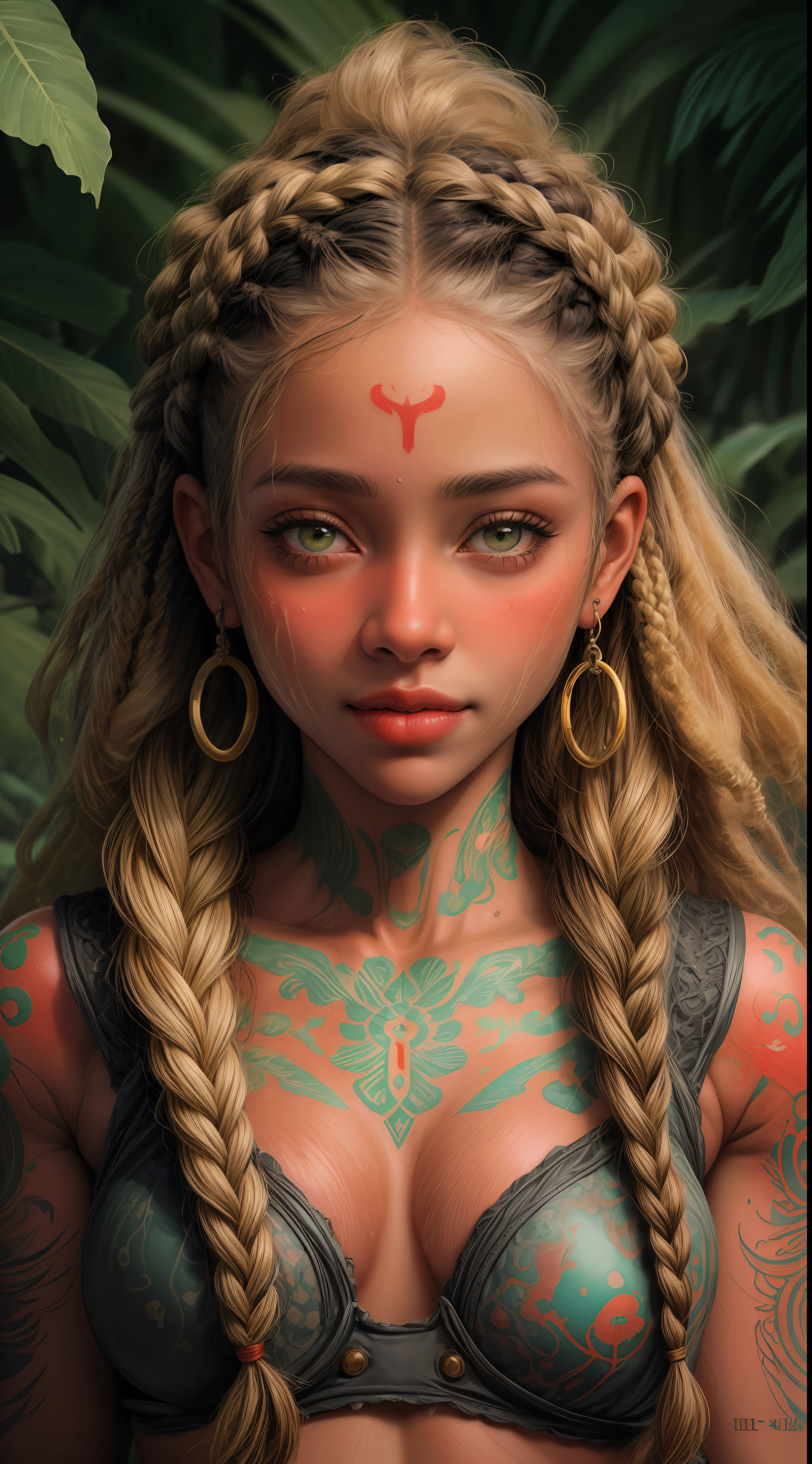 Retrato de uma garota de 18 anos sorrindo de bone, afro Americana olhos grandes verdes boca carnuda com batom vermelho, brinco , sweaty skin with imperfections,tatuada, hair with braids and blonde bangs, detalhes intricados ( 8k super realista)