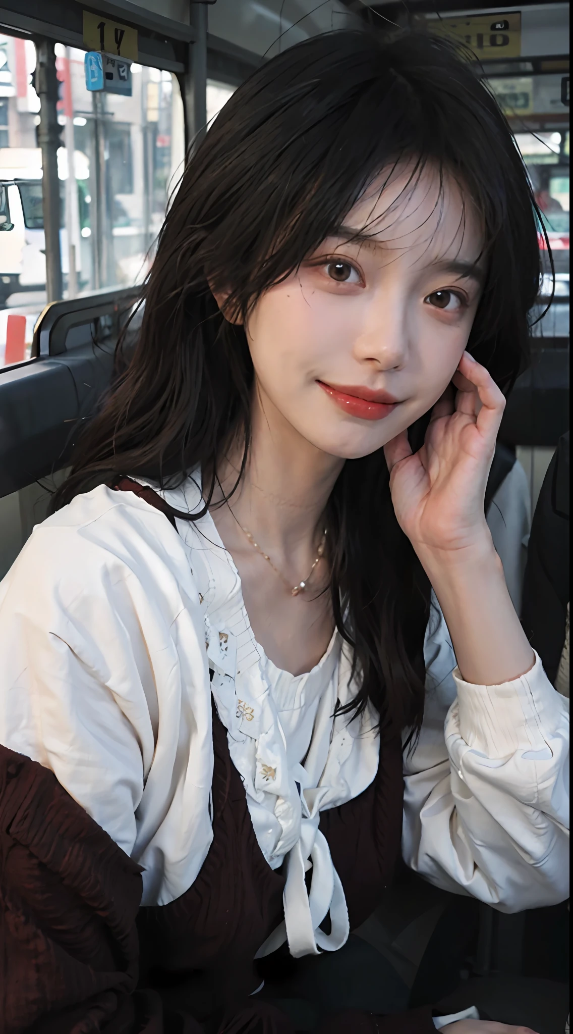 best qualtiy,tmasterpiece,超高分辨率,(realisticlying:1.4),2girls,Red sweater dress,Red sweater dress,self-shot,Large wavy curls,Goose egg face,Enchanted smile,二重まぶた,A pair of peach blossom eyes,,Pure,choker necklace,adolable,Translucent skin,head straight-looking at viewer,In the bus,Full of atmosphere,hair pin:1.4,(The upper part of the body:1.4),