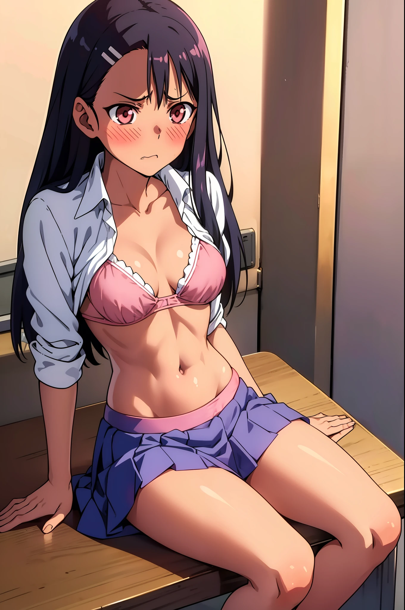 Nagatoro hayase, 1girl, standing, slim, small boobs, ((only pink bra, shirtless blue skirt)), (visible pink bra), surprised, angry, black hair, brown eyes, long hair, sitting, blush, bare legs, schoolgirl, in school, masterpiece, detailed, high quality