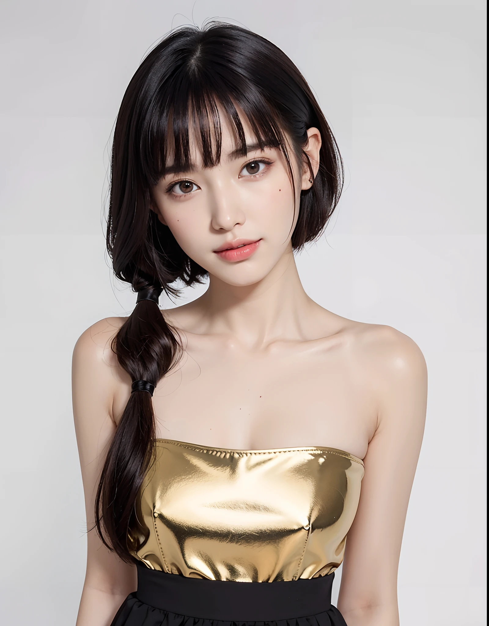 SeaArt Robot Variations 13:44:05 ((tmasterpiece, best qualtiy, k hd)), 1 rapariga, (realisticlying: 1.4), 独奏, white backgrounid, with a pure white background, Keep one's mouth shut, joyful smile, joyful smile, pretty black hair, short detailed hair, largeeyes, Clear double eyelids, eyeslashes, Ears come out, long necks, absolute area, a skirt, ((closeup of face) ), (Draw all the heads,shoulder), 19years old, attractive proportions, Glossy glossy skin, Clean collarbone,Face with golden proportions,s the perfect face,tear-mole,Chest moles,By bangs,clean bangs,Gloss on lips,thin lipss,paleskin,nakeness,petty face