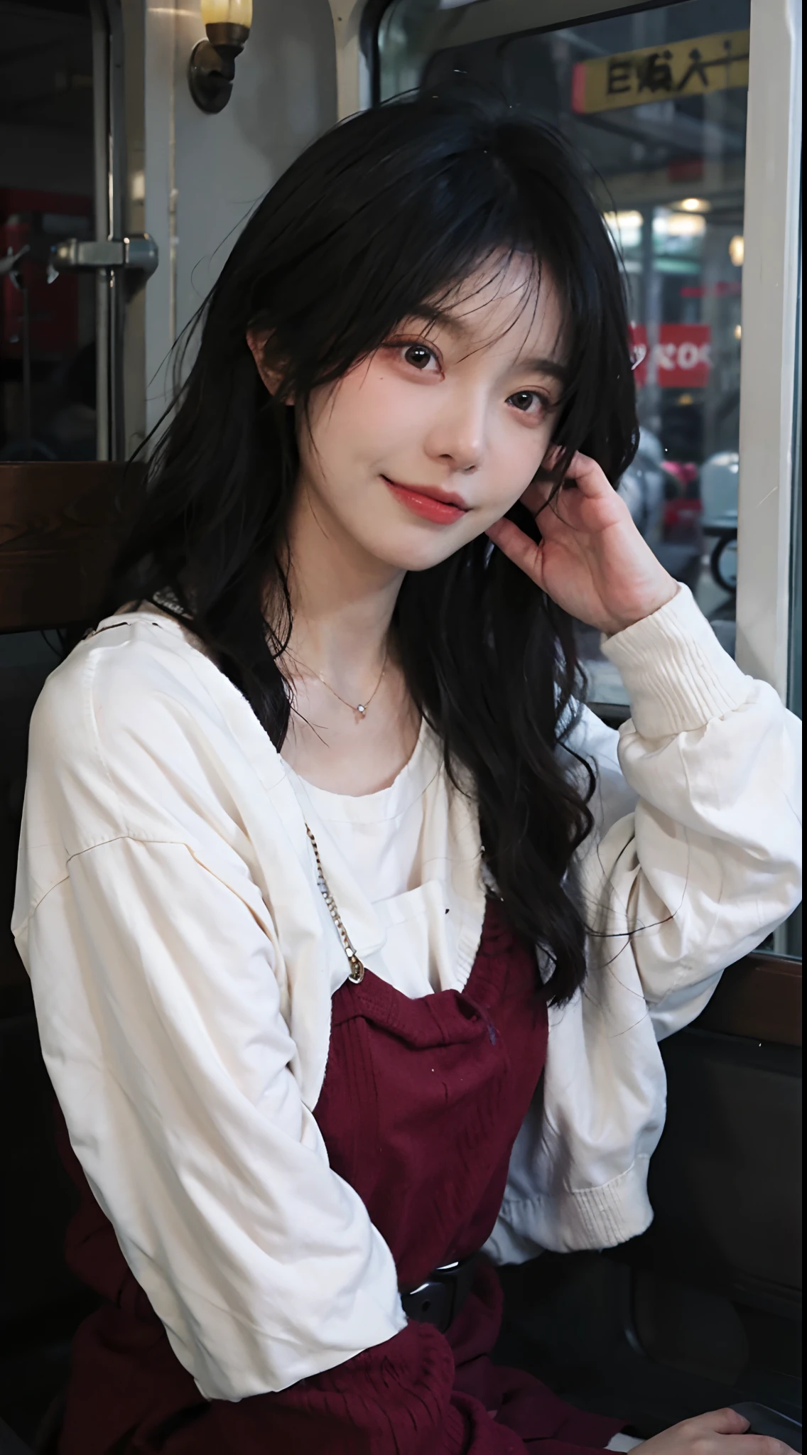 best qualtiy，tmasterpiece，超高分辨率，（realisticlying：1.4），2girls，Red sweater dress,Red sweater dress,self-shot，Large wavy curls，Goose egg face，Enchanted smile，二重まぶた，A pair of peach blossom eyes，，Pure，choker necklace，adolable，Translucent skin，head straight-looking at viewer，In the bus，Full of atmosphere，hair pin：1.4，（The upper part of the body：1.4），