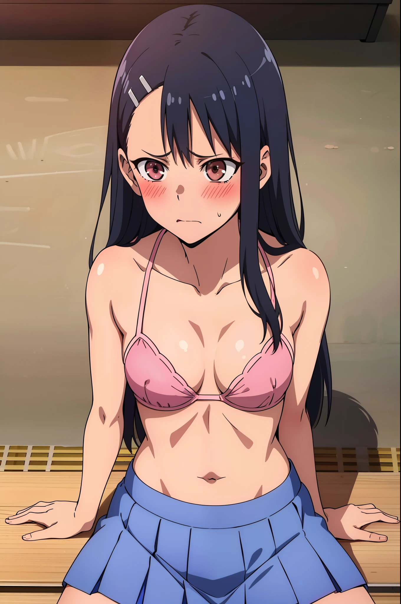 Nagatoro hayase, 1girl, standing, slim, small boobs, ((only pink bra, shirtless blue skirt)), (visible pink bra), surprised, angry, black hair, brown eyes, long hair, sitting, blush, bare legs, schoolgirl, in school, masterpiece, detailed, high quality