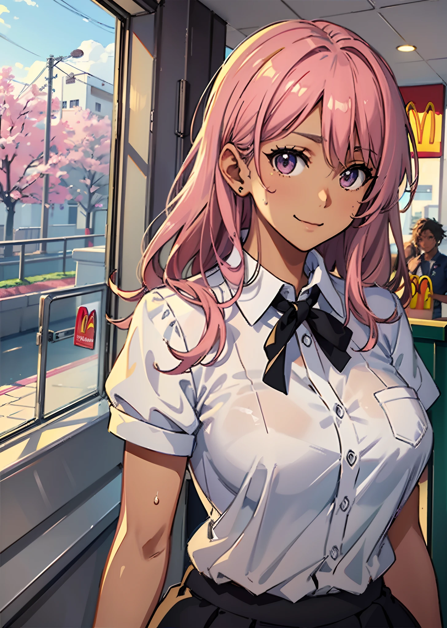 ((((Representative work 3.0、top-quality、Smile 3.0、Wearing a McDonald's uniform 4.0、Blouse、Look at me over the McDonald's counter、Work as a clerk at McDonald's、Brown skin、Pink hair 3.0、dynamic pose1.5、large full breasts、Brown skin color、A pink-haired、Wearing sweat、ssmile、)))((()))、Long body、(((((、long legged))))),((((darkskin)))),((sun burn)),Whole human body、(((Shyness)))、Realistic skin type、an anime girl、Detailed Digital Anime Art、extremely detailed art germ、a hyperrealistic schoolgirl、Ilyakukvshinov、Smooth Anime CG Art、Ultra Realistic Woman、ig model、ArtGerm、Photorealistic anime girl rendering、digital anime art