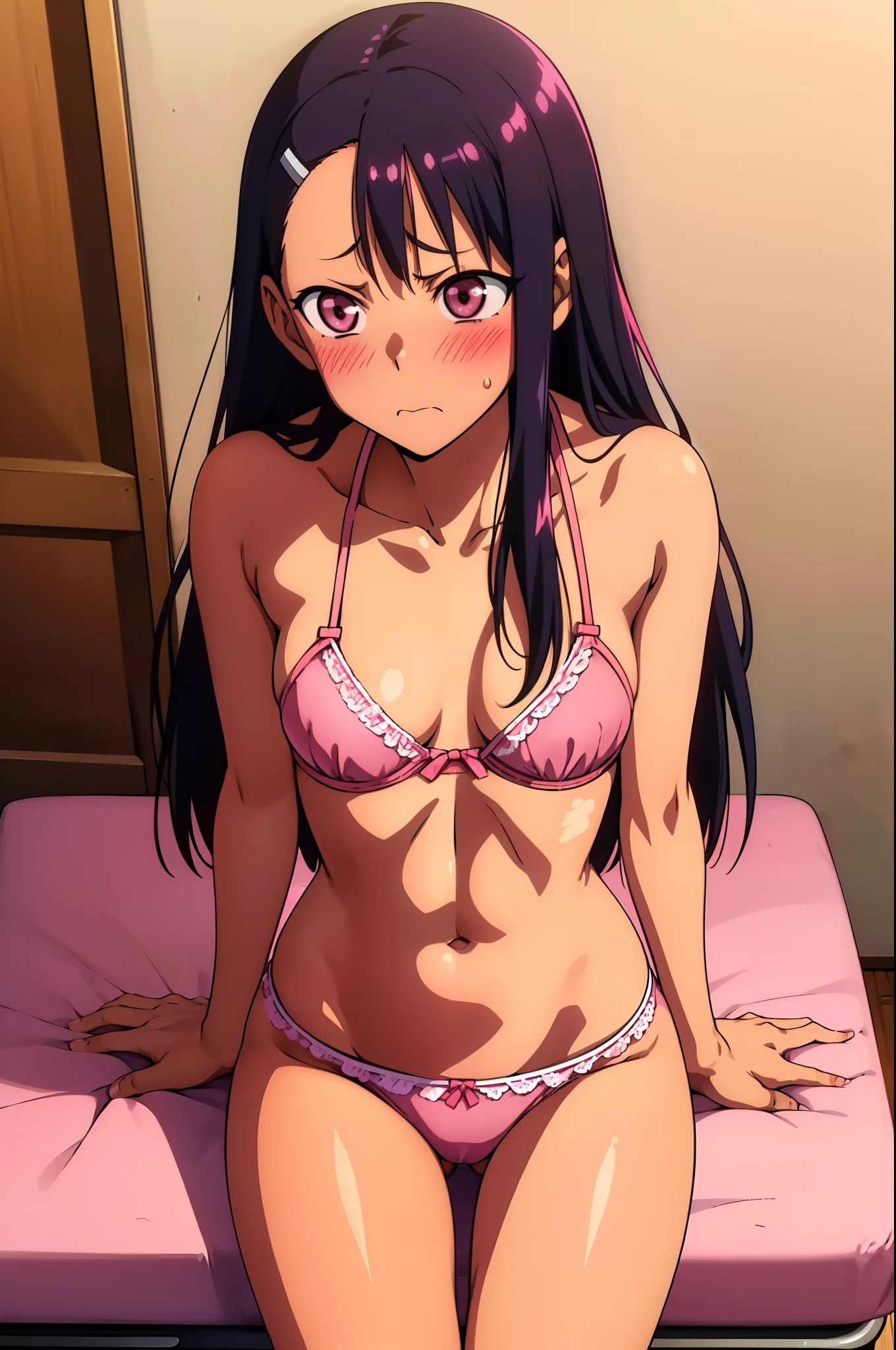 Nagatoro hayase, 1girl, standing, slim, small boobs, ((pink bra, shirtless, pink panties)), (visible pink bra, visible pink panties), surprised, angry, black hair, brown eyes, long hair, sitting, blush, bare legs, schoolgirl, in school, masterpiece, detailed, high quality