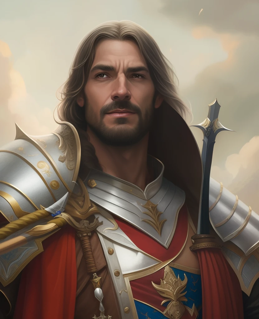 um close up de um homem de armadura com uma espada, retrato de arte conceito de fantasia, Guilherme H. Pongiluppi, retrato do personagem da fantasia, arte do jogo de fantasia medieval, Wojtek FUS, Silvain Sarrailh, Arsen Lupin como um paladino, fantasy art smug smile man, RPG retrato arte conceitual, Retrato de um cavaleiro, Retrato do cavaleiro