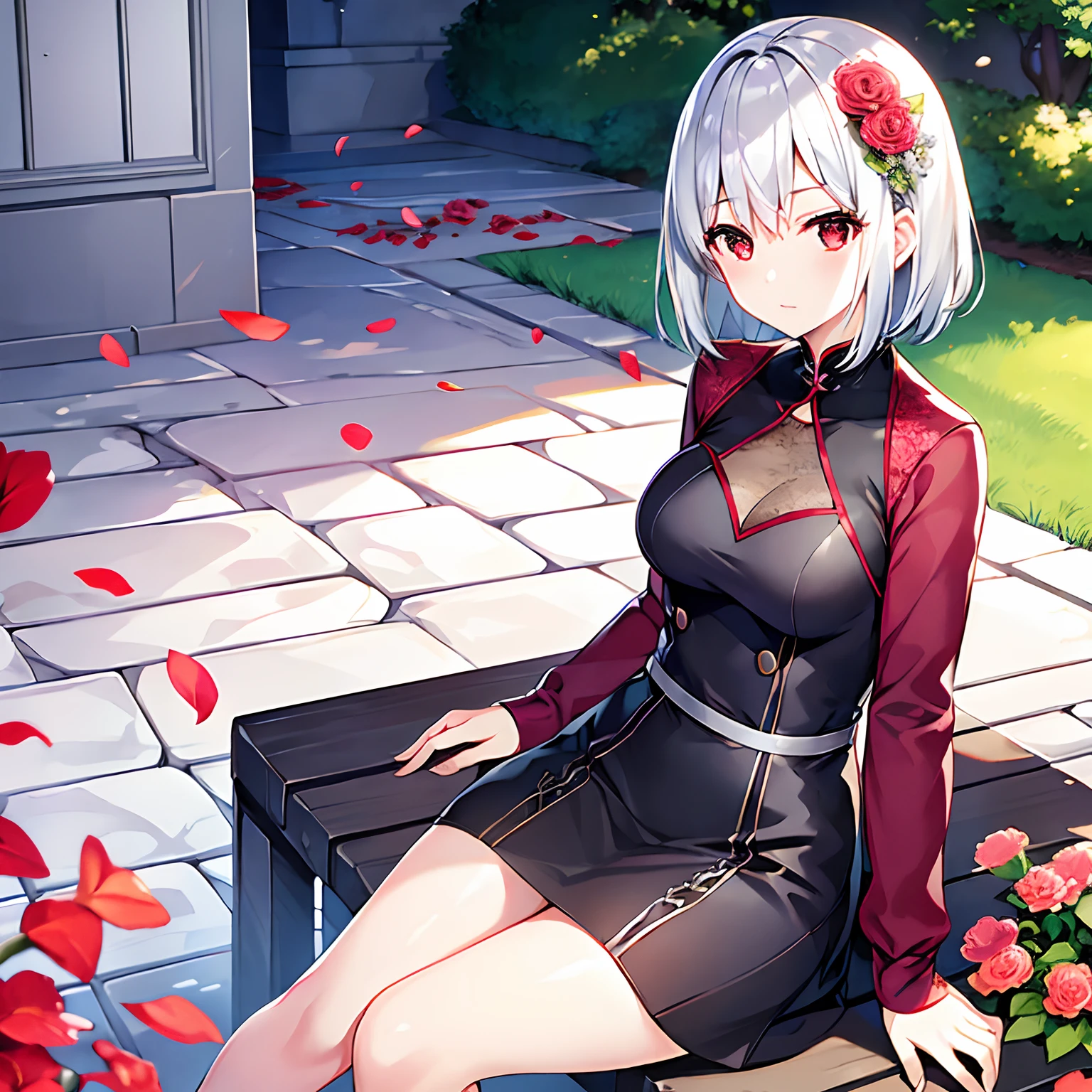 short silver hair、red eyes、Beautiful girl alone、独奏、animesque、Have a bouquet、doress、a miniskirt、sitting on、flower field、Cool-headed expression